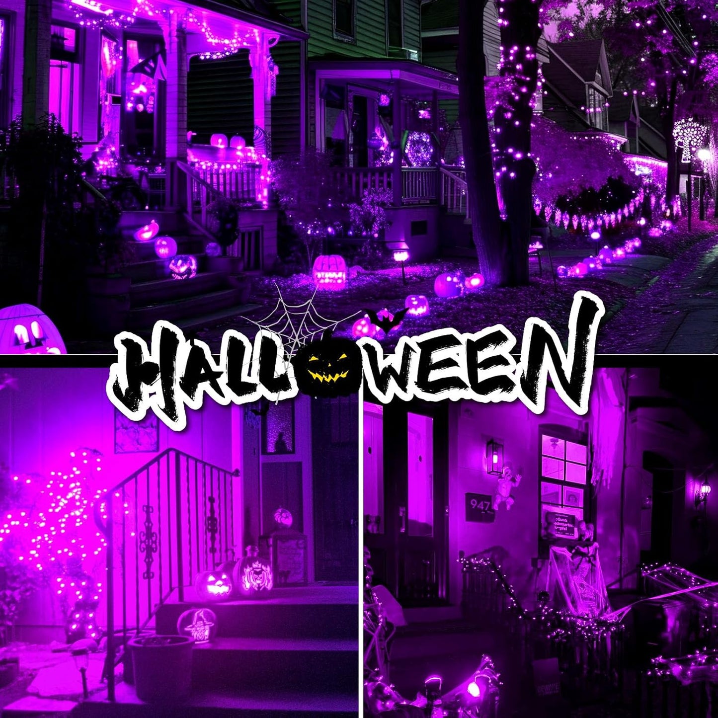 2 Pack Solar String Lights Outdoor - 160LED 66FT Halloween Solar Fairy Lights Outside Waterproof, 8 Modes Purple Solar Powered Twinkle Lighting Decorations for Tree Garden Yard Spooky Patio Party