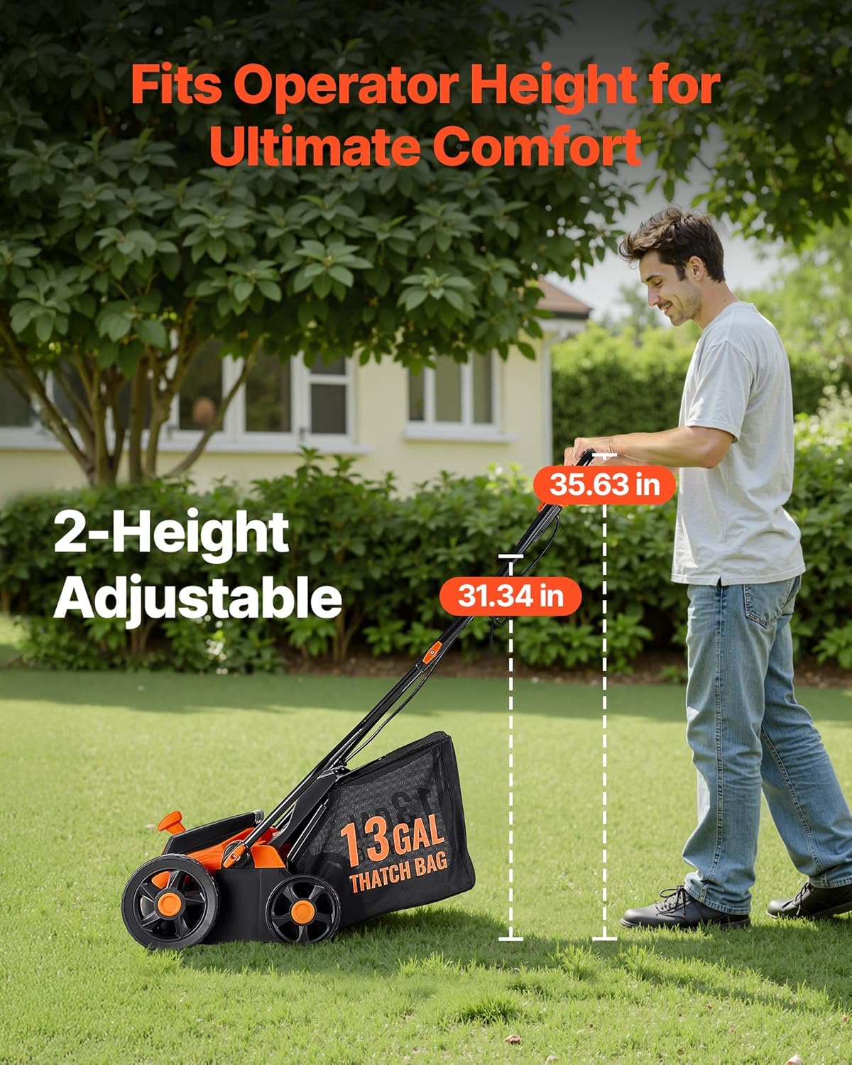 VEVOR 2-in-1 Electric Dethatcher and Scarifier, 13-Inch 13 Amp, Corded Lawn Dethatcher with 13-Gallon Thatch Collection Bag, 5-Position Depth Adjustment, Walk Behind Machine for Garden Yard Grass