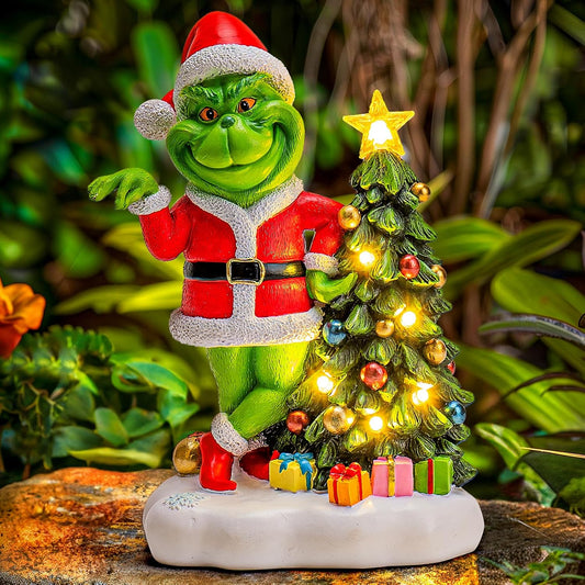 Solar Garden Outdoor Statues Green Monster with Christmas Tree and 6 LED Lights-Christmas Lawn Deco Statue for Patio, Balcony, Yard Ornament - Unique Christmas Housewarming Gifts