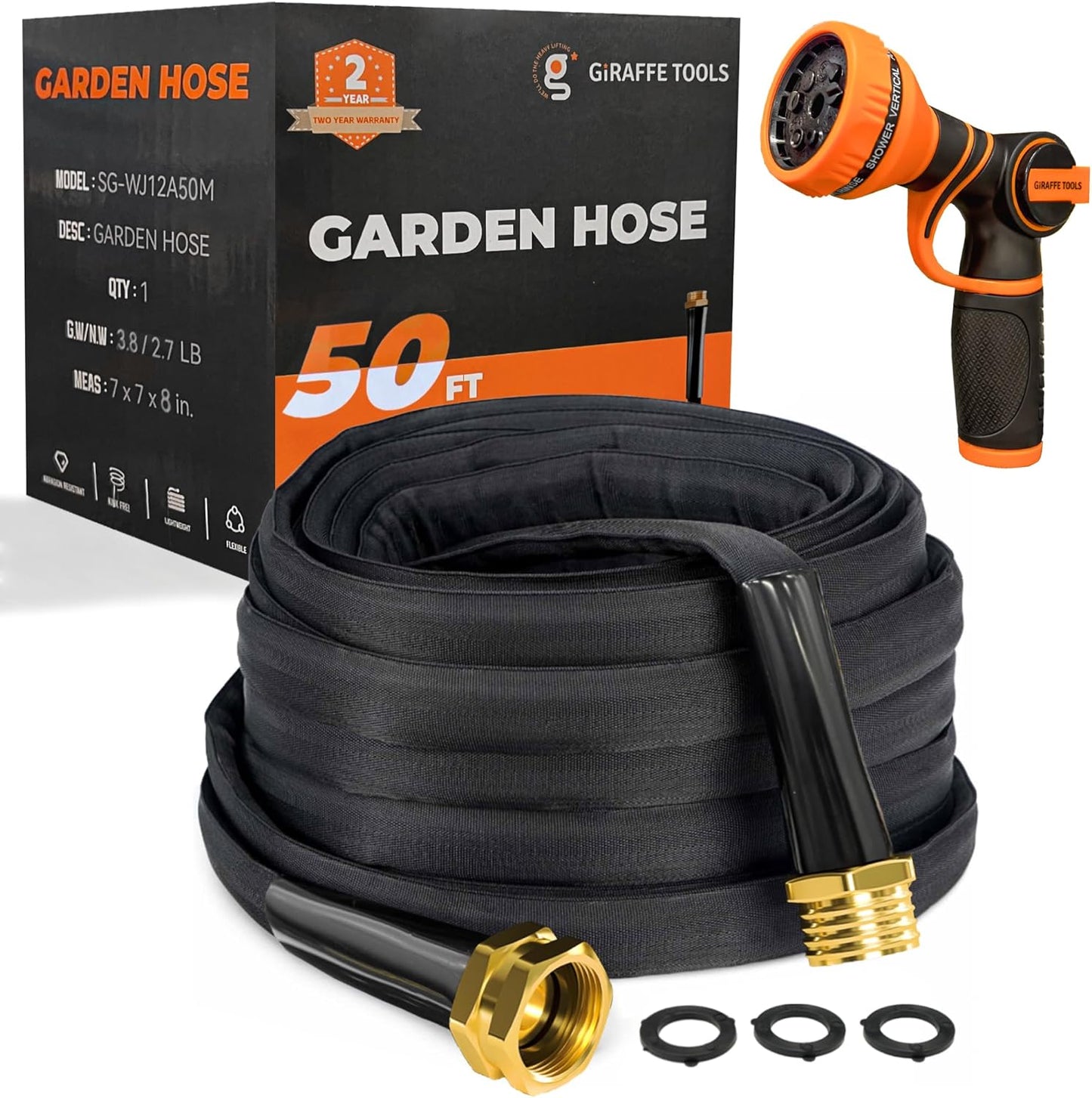 Giraffe Tools Garden Hose 50FT Lightweight Lay Flat Water Hose Kink Free Flexible Hose with 9 Spray Function Nozzle（Black）