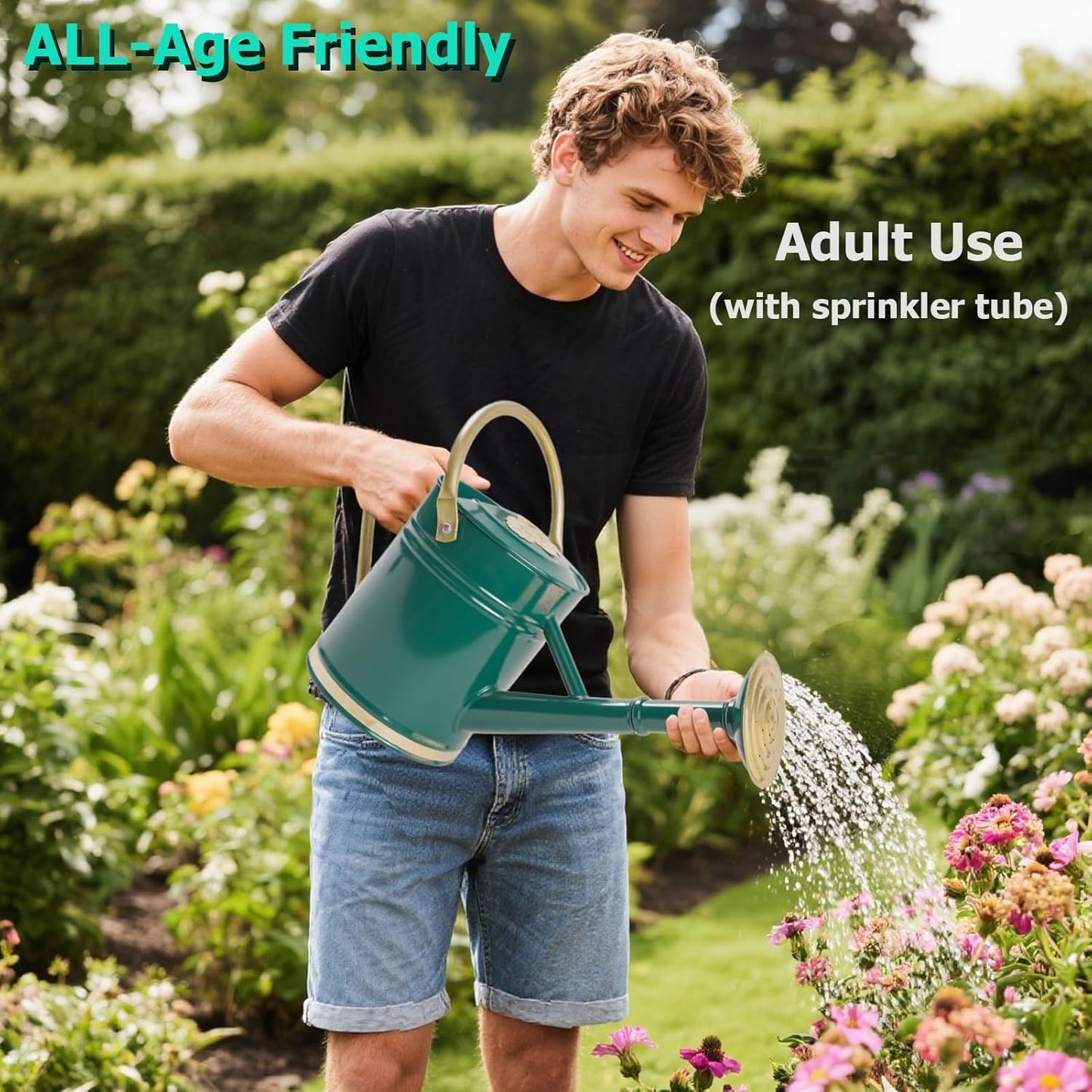 1 Gallon Galvanized Metal Watering Can with Solid Brass Sprout, Handle & Base Trim - Genuine Forged Copper Joints for Indoor/Outdoor Plants, Garden, Balcony for Kids and Adults (Emerald Brass)