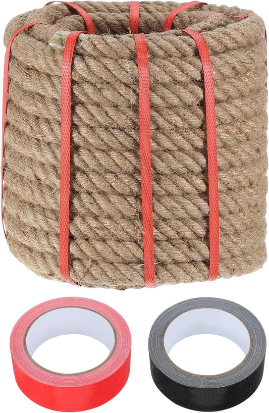 MECCANIXITY Jute Rope 0.9 Inch x 66ft, Thick Twine Rope Ropes Braided Jute Twine Natural Brown Burlap Cord String Heavy Twisted with Tapes for Decorative Crafts Railing Swing Tug of War