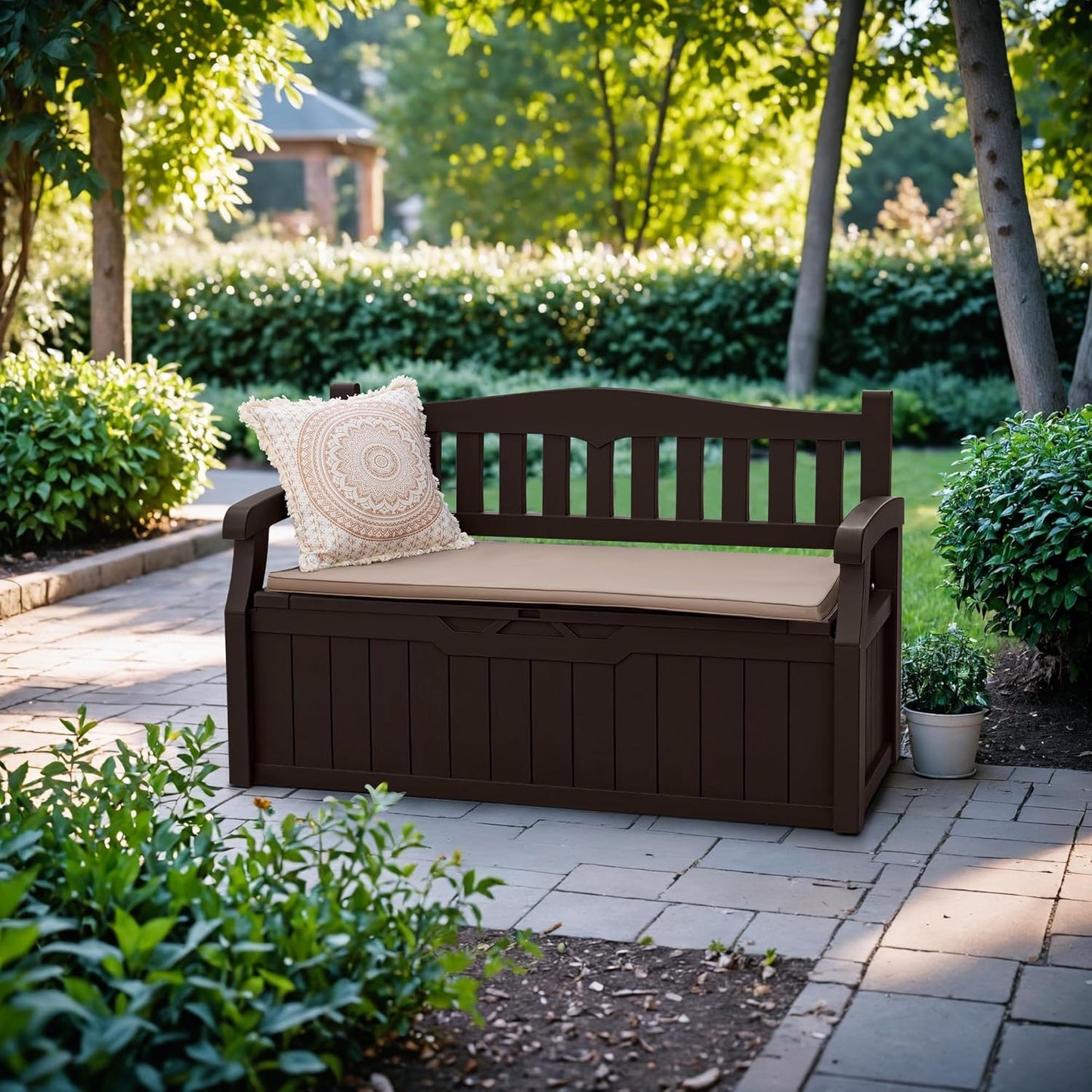 Devoko 80 Gallon Storage Bench Deck Box Lockable for Patio Furniture, Garden Decor and Outdoor Seating for Cushions, Garden Tools and Pool Supplies(Dark Brown)