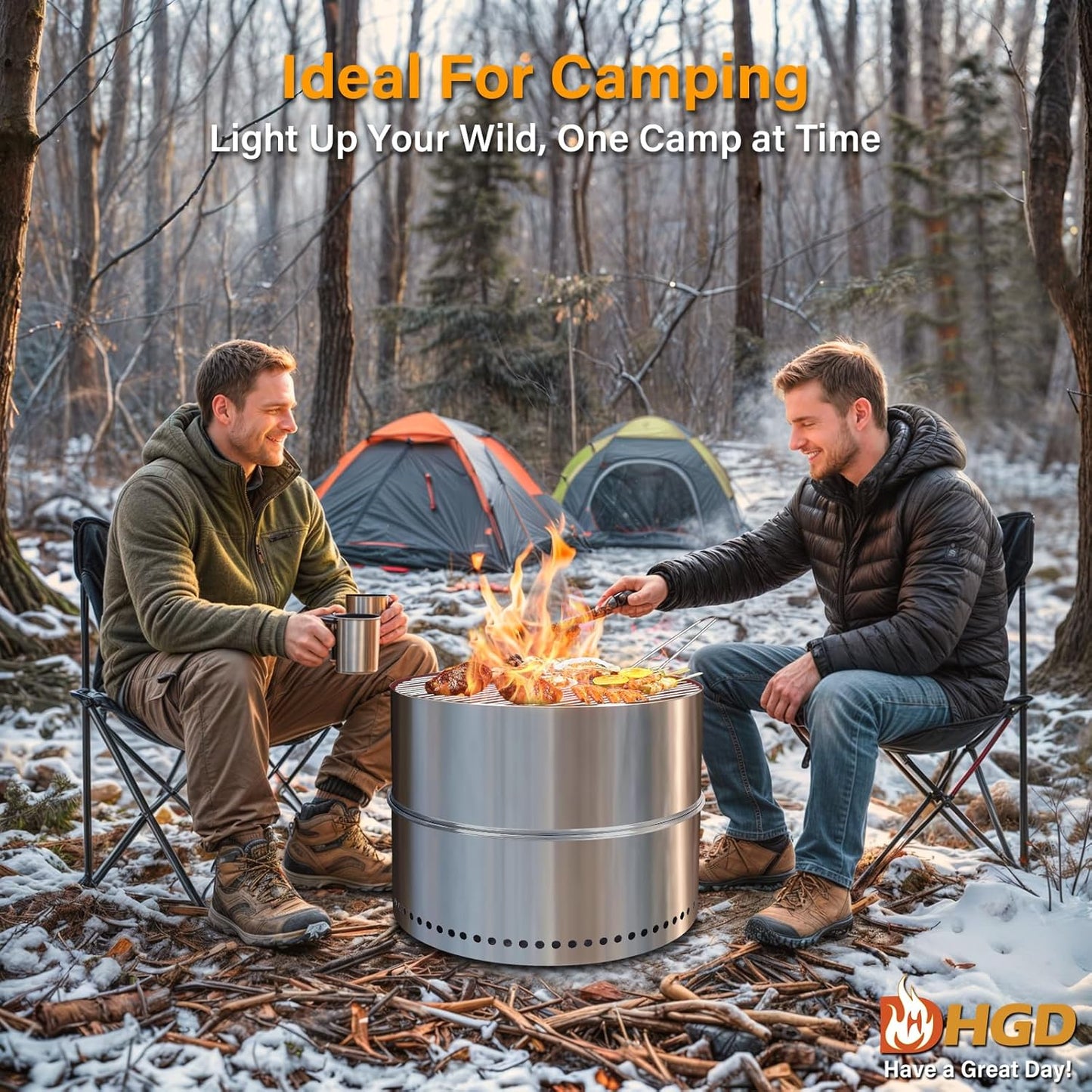 HGD 19.5 Inch Smokeless Firepit with Grill, Portable Wood Burning Fire Pit for Camping & Backyard, Stainless Steel Outdoor Fireplace with Travel Bag, Easy Setup & Compact Storage - Foldable Design