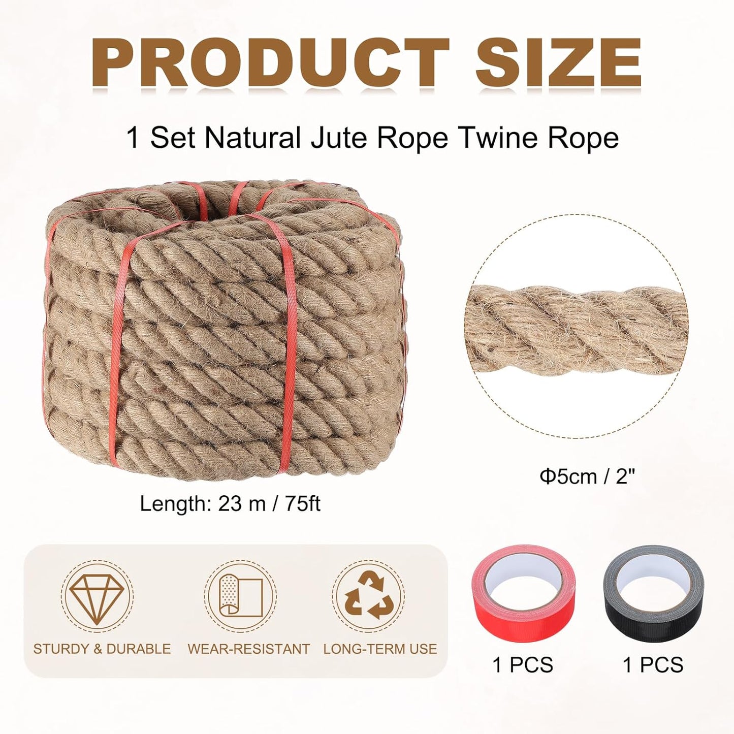 MECCANIXITY Jute Rope 2 Inch x 75ft, Thick Twine Rope Ropes Braided Jute Twine Natural Brown Burlap Cord String Heavy Twisted with Tapes for Decorative Crafts Railing Swing Tug of War