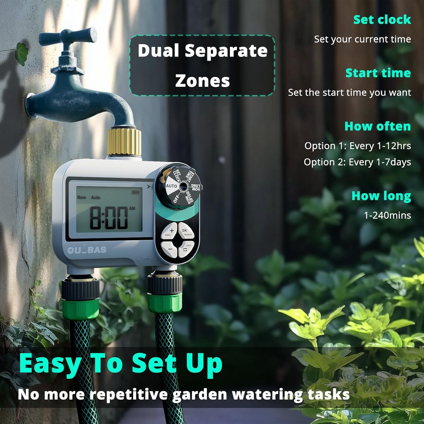[2 Pack] QUOBAS 2 Zone Water Timer for Garden Hose, Automatic Sprinkler Timer with Dual Outlets, Heavy Duty Brass Fittings, Leak-Free, Programmable, for Lawn Watering and Drip Irrigation System