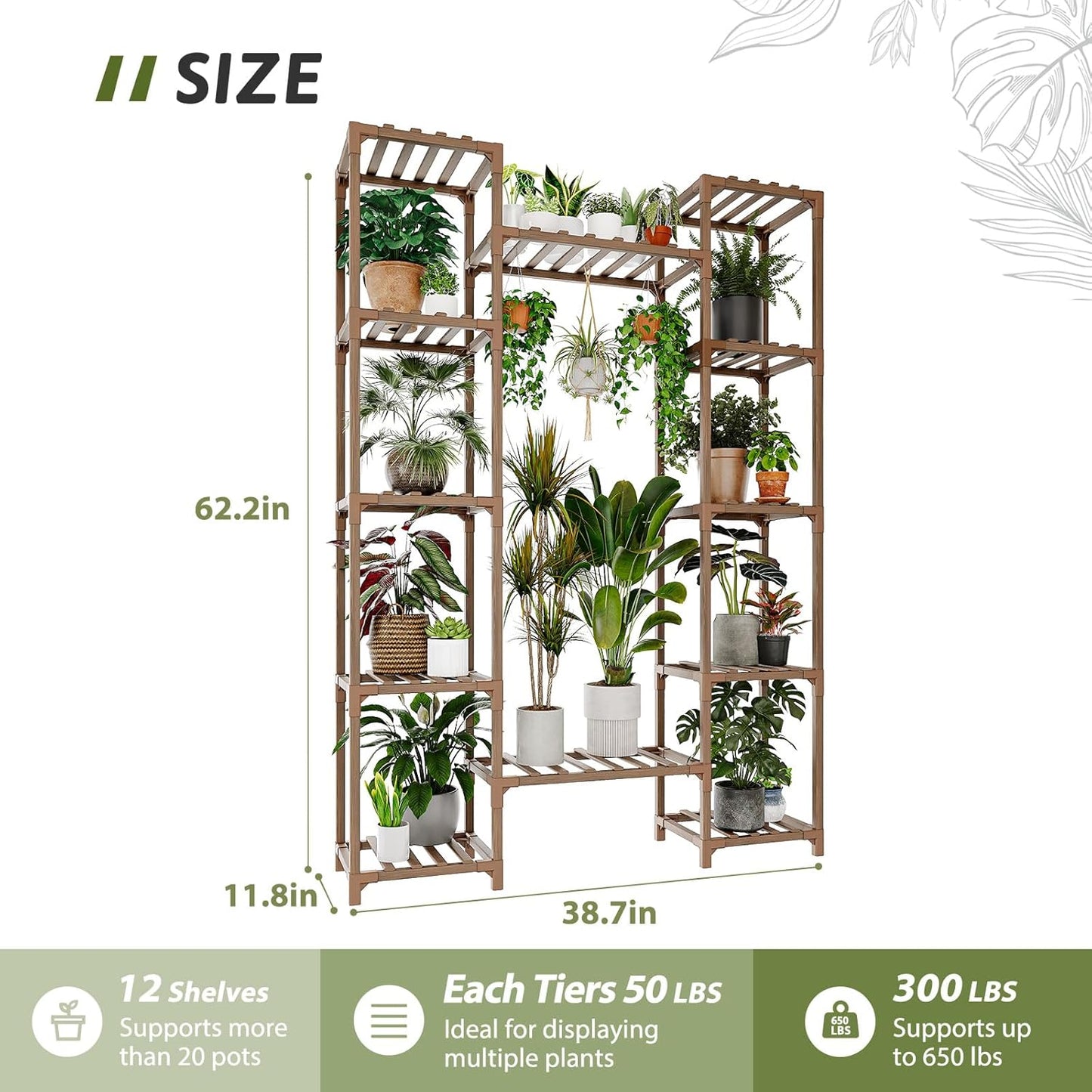 Plant Stand Indoor Outdoor 62.2“ Tall Plant Shelf Large Tiered Flower Stands for Multiple Display Wood Hanging Planter Holder for Living Room Garden Balcony Patio Decor