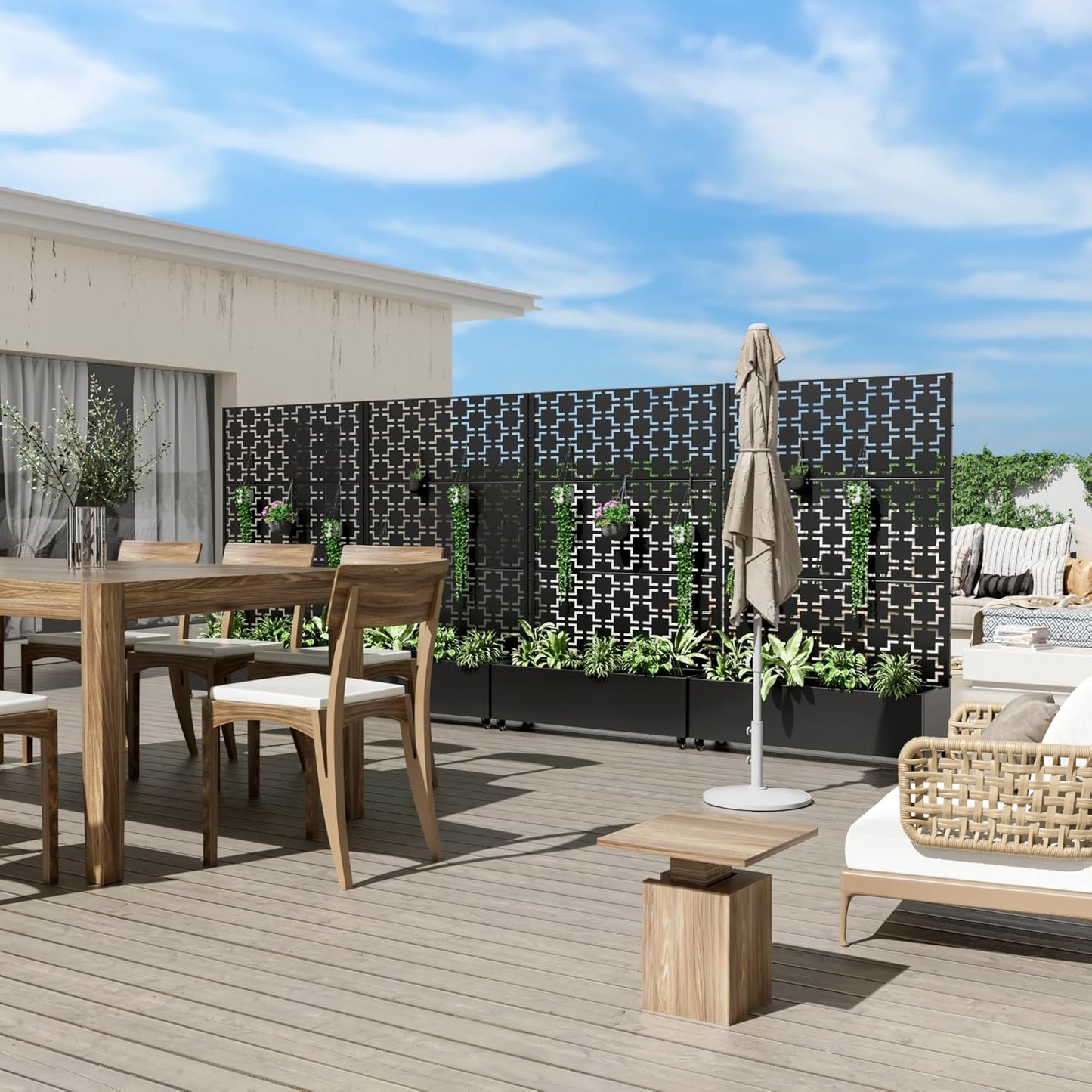 Casaphoria Metal Raised Garden Bed with Trellis and Wheels, 72"x47"x16" Planter Box for Climbing Plants, Vegetables & Vines, Features Drainage Holes and Privacy Screen (Black-Brick)