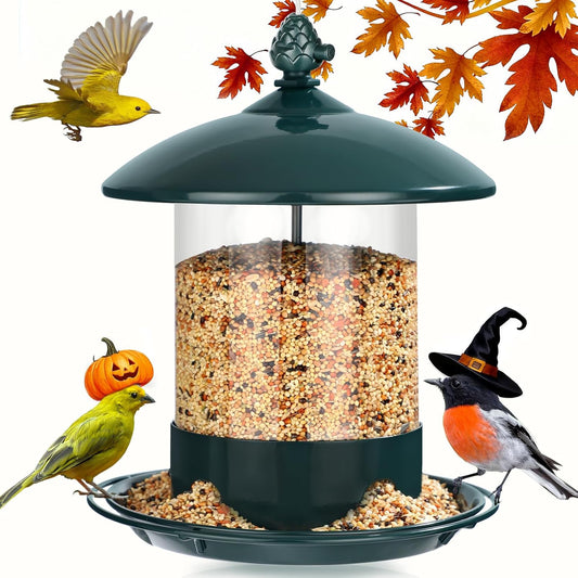 Metal Bird Feeders for Outdoors Hanging, Weather Resistant Wild Bird Feeder with 360 Degree Feeding Tray, Green