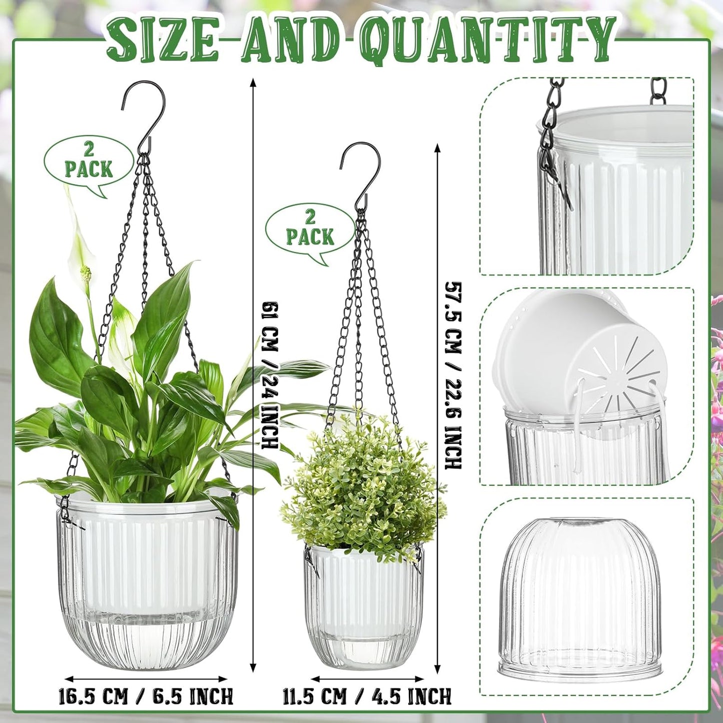 Maxcheck 4 Pcs Self Watering Hanging Planters Indoor Gift 6.5'' 4.5'' Hanging Flower Pots Baskets Outdoor Self Watering Plant with 3hooks Drainage Holes for Home(Clear)