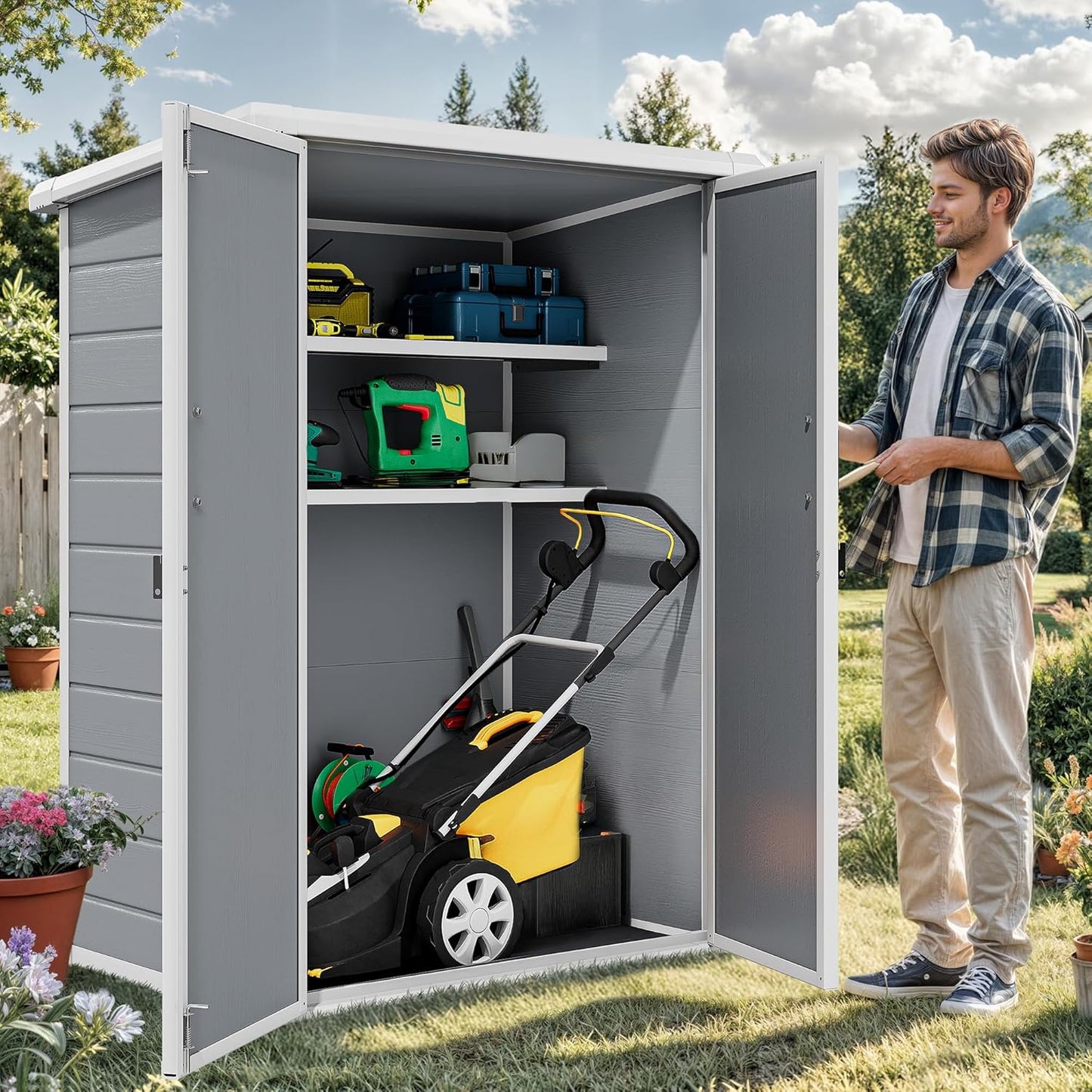 DWVO Outdoor Vertical Storage Shed with 2 Shelves, 60 Cu Ft Waterproof Resin Garden Shed with Floor & Lockable Door, Plastic Tall Tool Cabinet for Garbage Cans, Lawn Equipment, Garden Supplies (Gray)