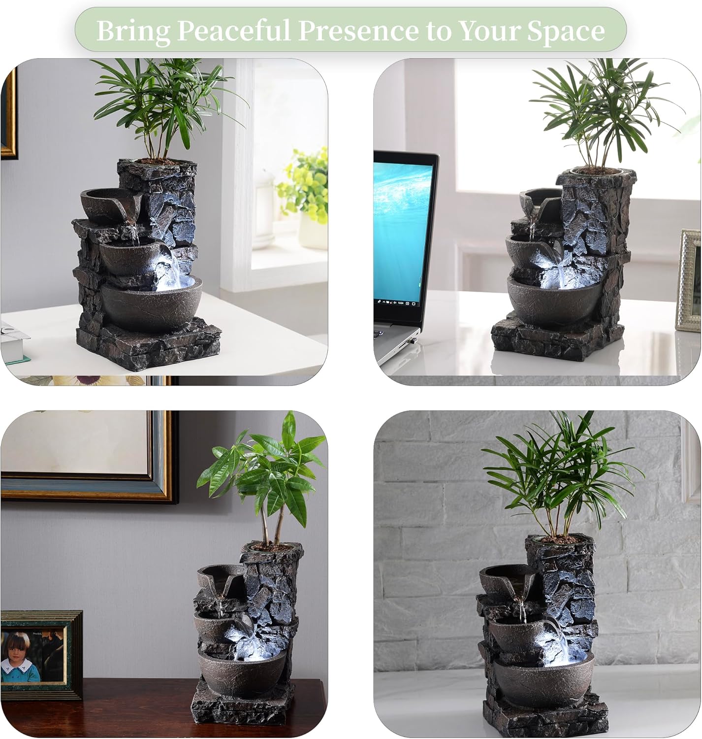 Indoor Tabletop Fountain Waterfall Meditation Exquisite Meditation Desk Water Decorative Zen Fountain Office and Home Decoration Grow Plant/Herbs by Yourself