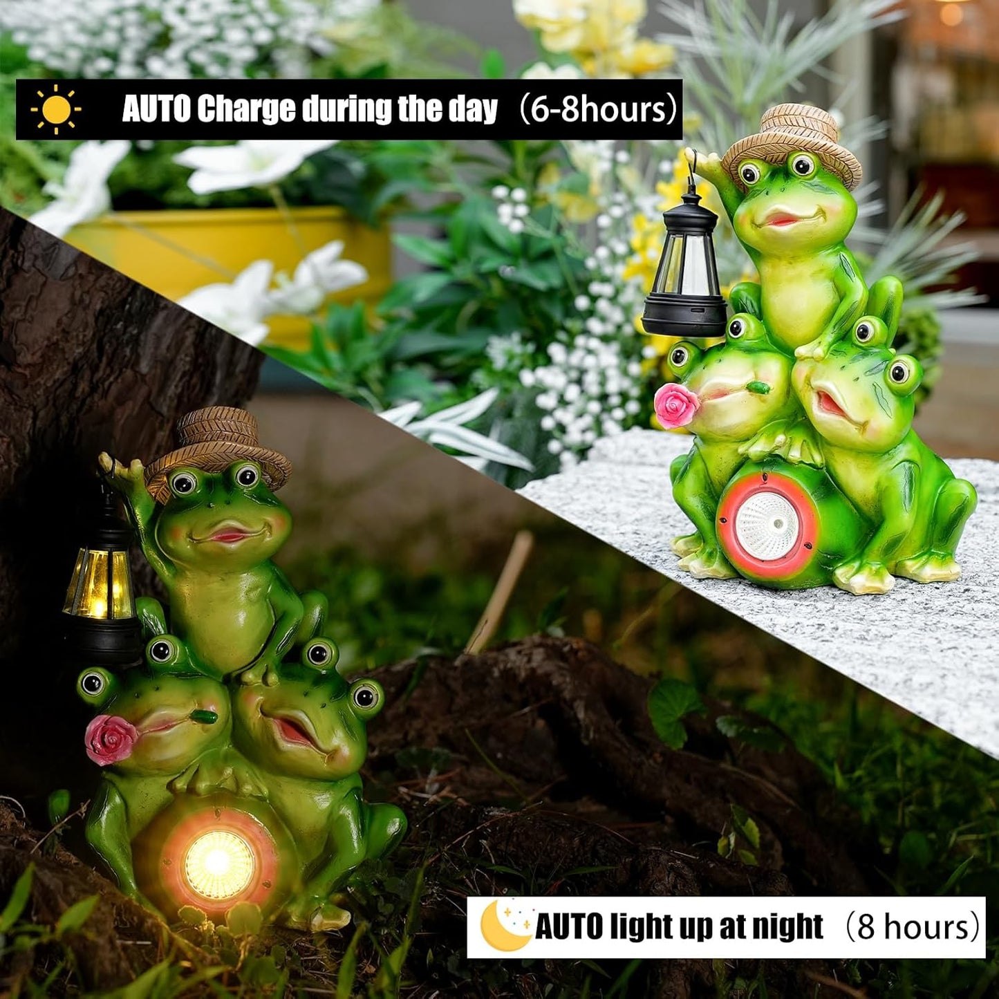 Solar Frog Family Garden Statue Three Frog Figurines with Lantern & LED Light – Cute Solar Yard Decor for Lawn, Patio & Outdoor Pathway – Resin Waterproof Garden Ornament (Family Frogs)