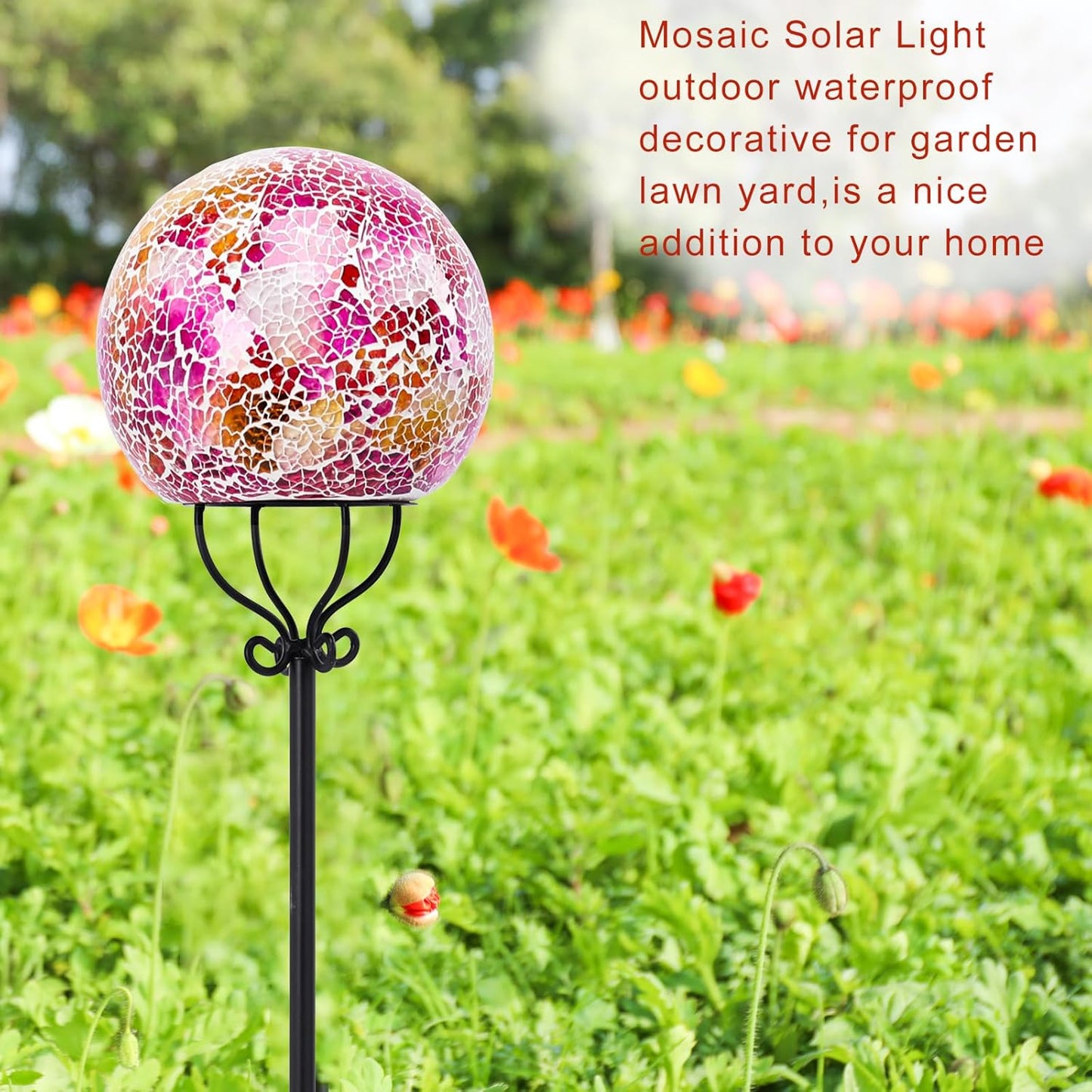 VCUTEKA Solar Outdoor Lights Garden Decor Mosaic Solar Garden Lights Waterproof Glass Ball LED Pathway Stake Light for Landscape Lawn Patio Yard Decoration 6 inch, Pink
