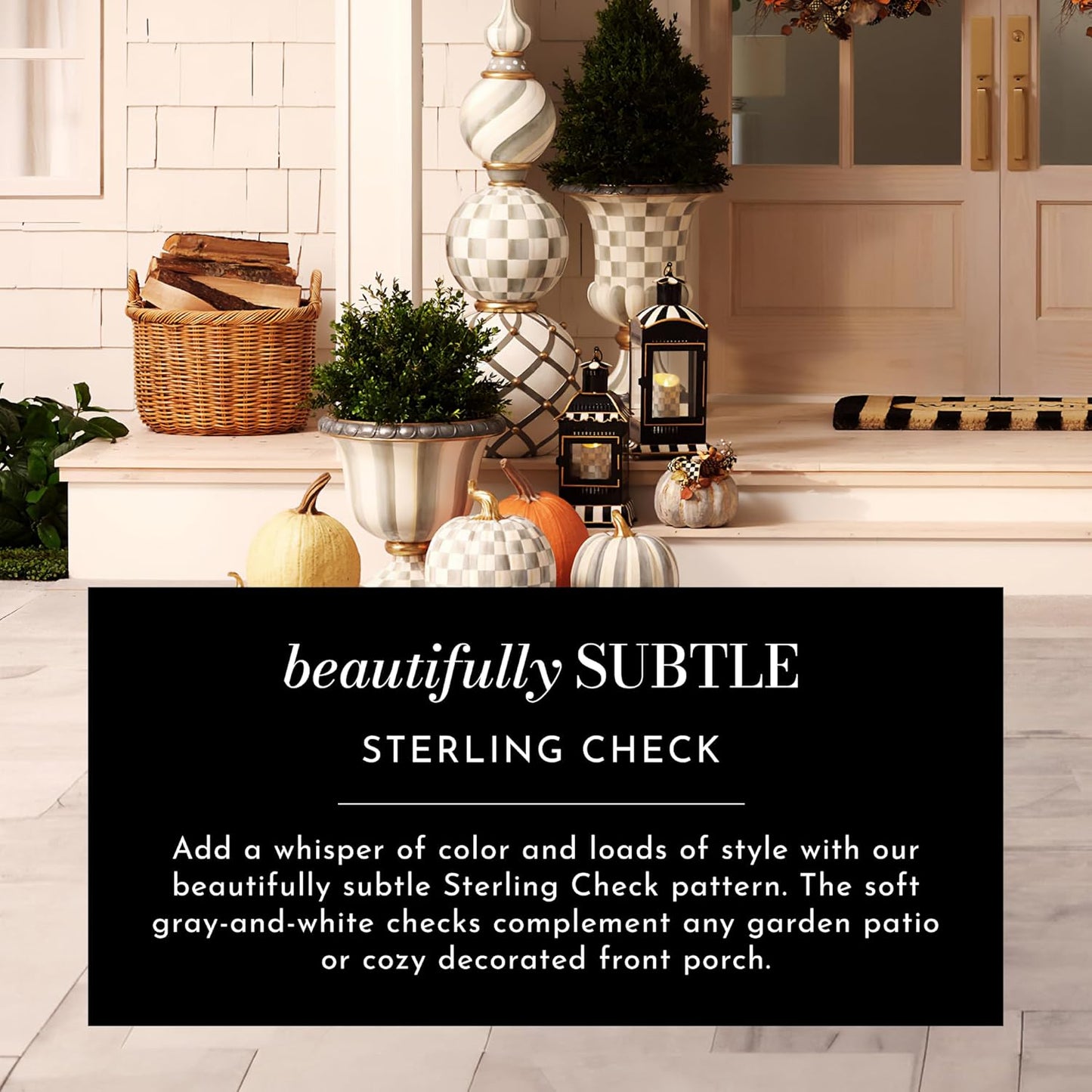 MACKENZIE-CHILDS Pedestal Tabletop Urn, Decorative Centerpiece for Table, Mantel, or Shelf, Tall, Gray-and-White Sterling Check