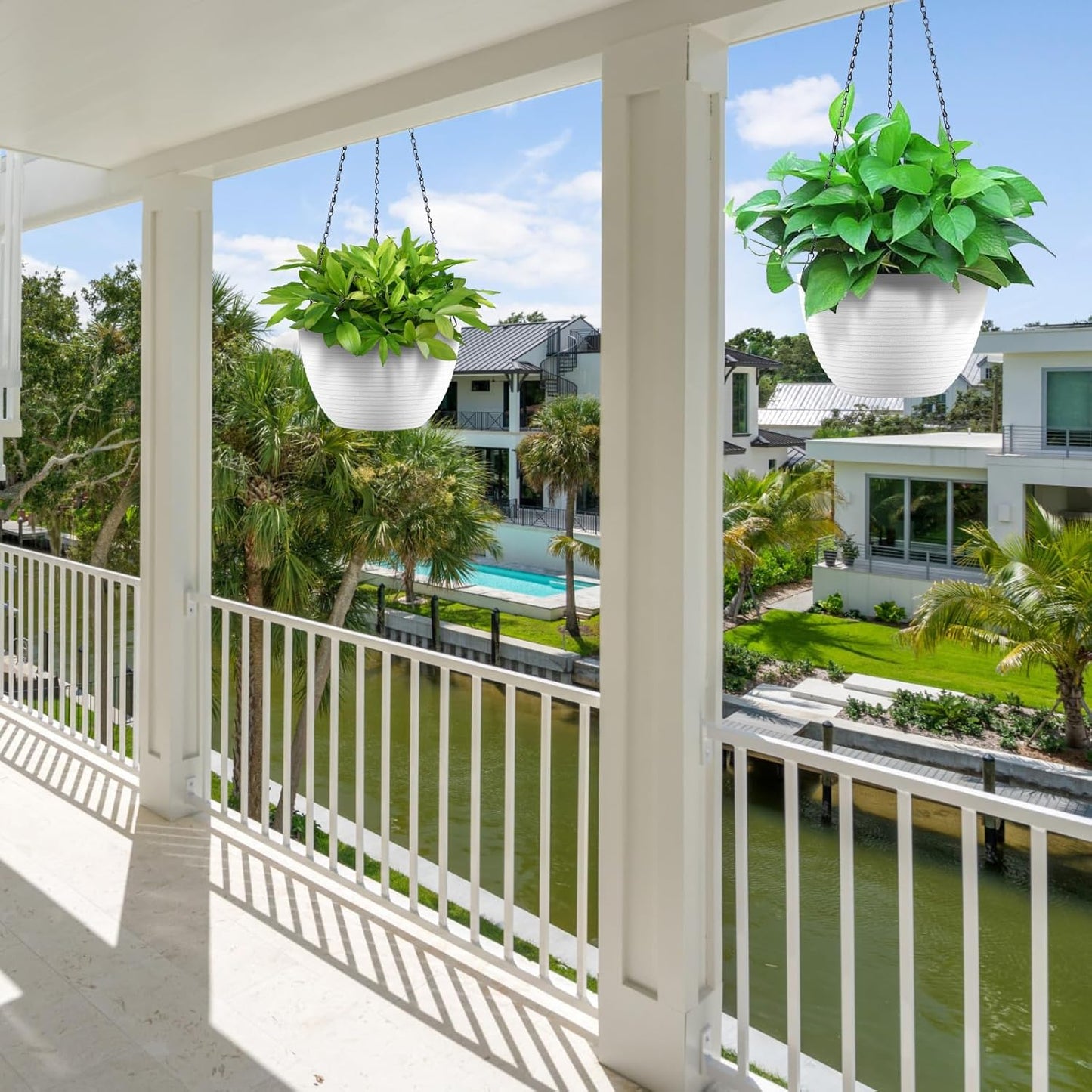 Hanging Planters for Indoor Outdoor Plants, Set of 2 Self Watering Hanging Pots with Drainage Hole & Plug and 20" Chain & Hooks