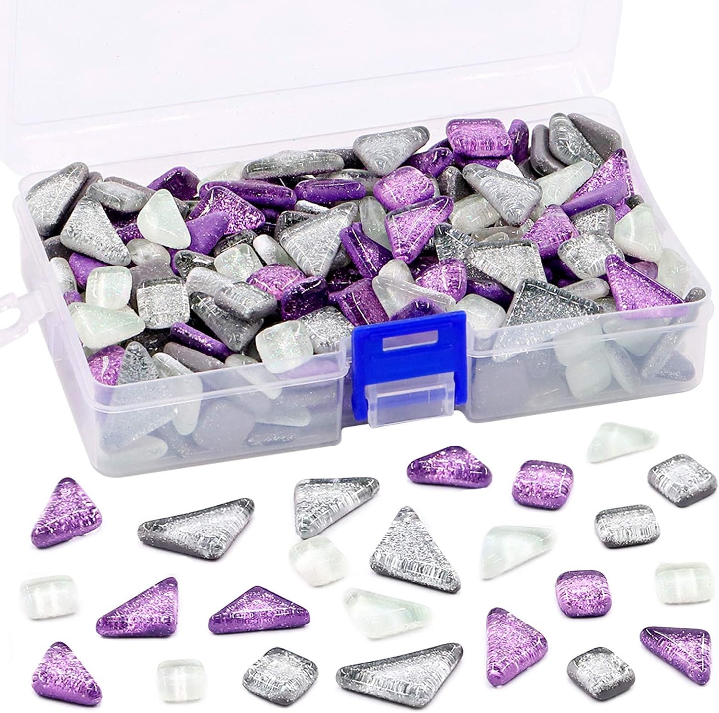 Swpeet 1 Pound Sliver + Purple Shine Crystal Series Mosaic Tiles Assortment Kit, Square and Triangle Genuine Mosaic Tiles Glitter Crystal Mosaic Perfect for Home Decoration Crafts - Mosaic Tiles K
