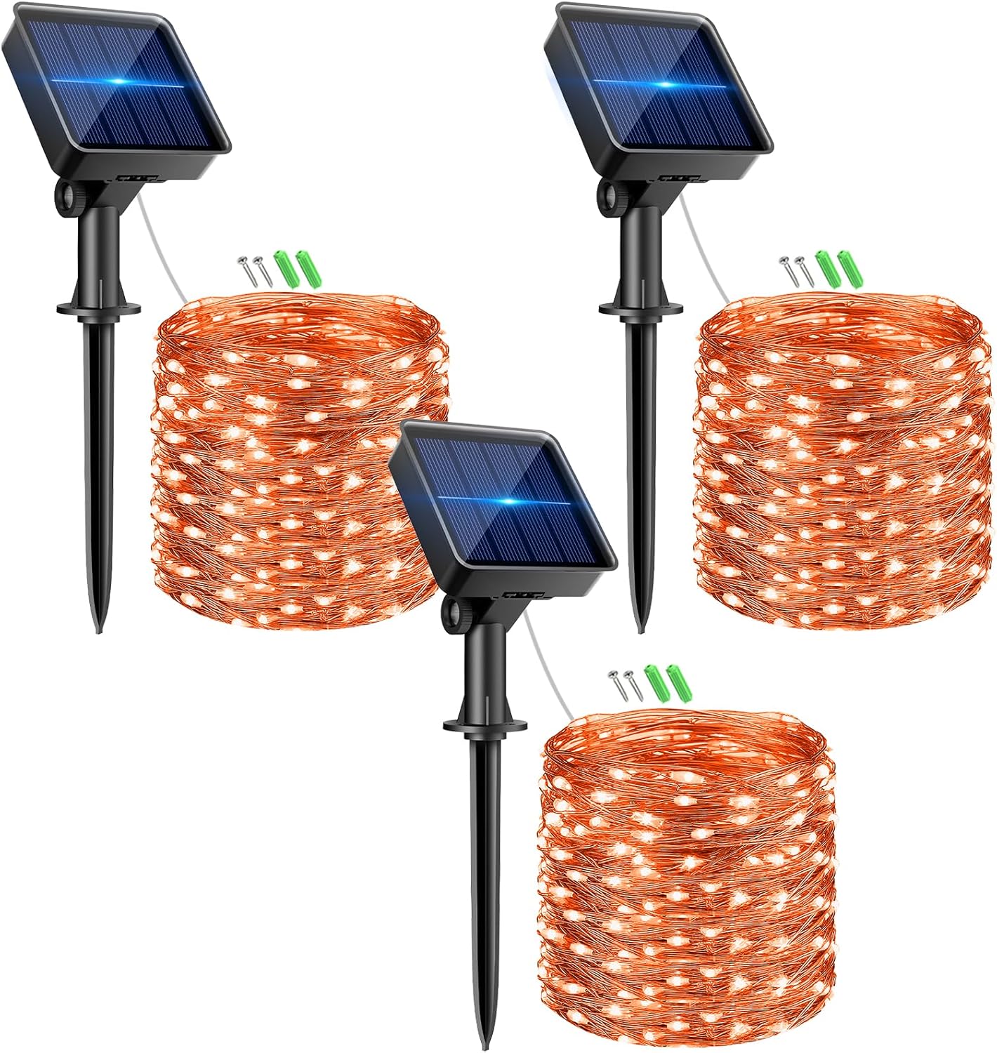 kolpop Orange Solar Fairy Lights Outdoor Waterproof, 3 Pack 33FT 80LED Solar Powered String Light, 8 Modes Copper Wire Solar Twinkle Lighting for Halloween Tree Garden Yard Outside