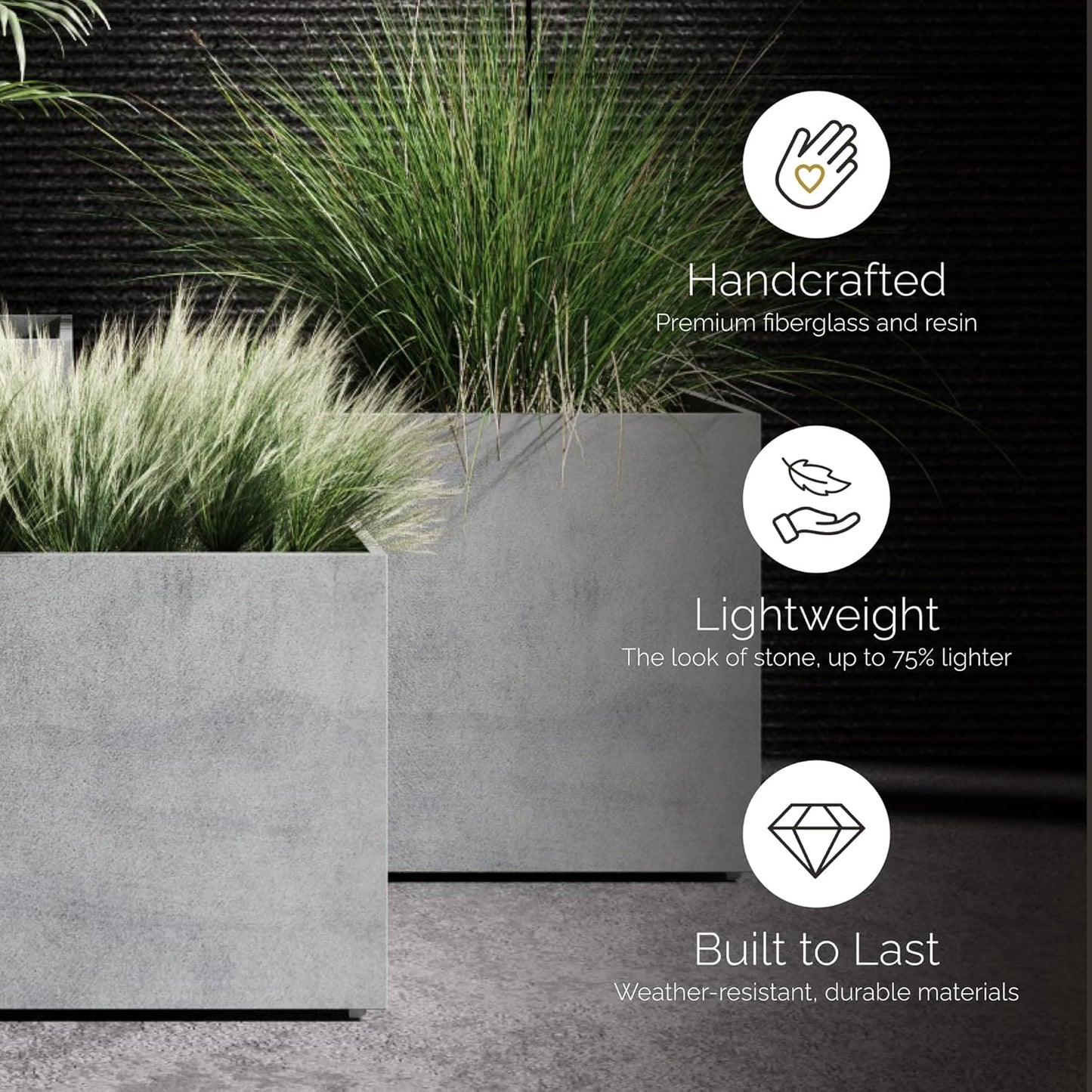 Reglito Cube Planter – Fiberglass Indoor/Outdoor and Weather-Resistant Large Planter (Concrete Stone, 35.4" L x 35.4" W x 36" H)