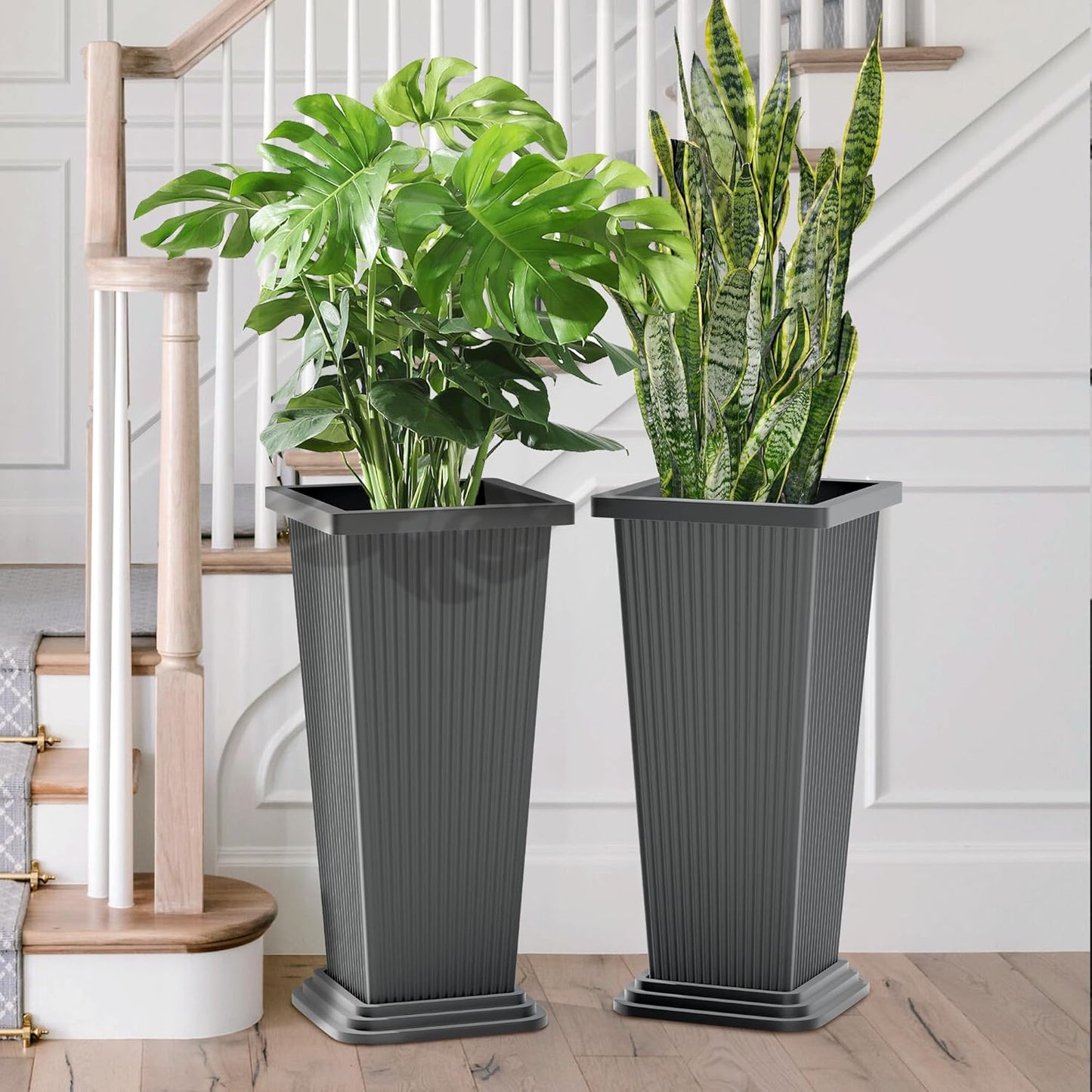 FENCY Set of 2 Tall Planters for Outdoor Plants, 24 Inch Large Tapered Pots with Drainage Trays, Weather-Resistant Plastic Plant Containers for Patio, Porch, Garden, Front Door Decor,Gray,Striped