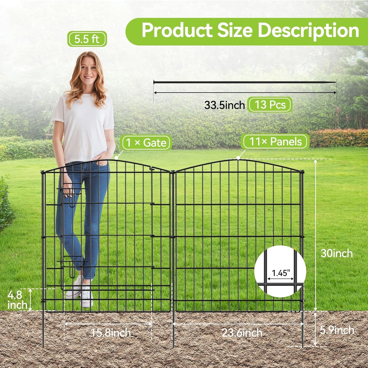 INJOPEXI Garden Fence 12 Panels 23.6ft (L)×30in (H) Decorative Garden Fences with 11 Panels + 1 Gate, No Dig Animal Barrier Fencing Rustproof Metal Wire Temporary Dog Fence Border for Outdoor Yard