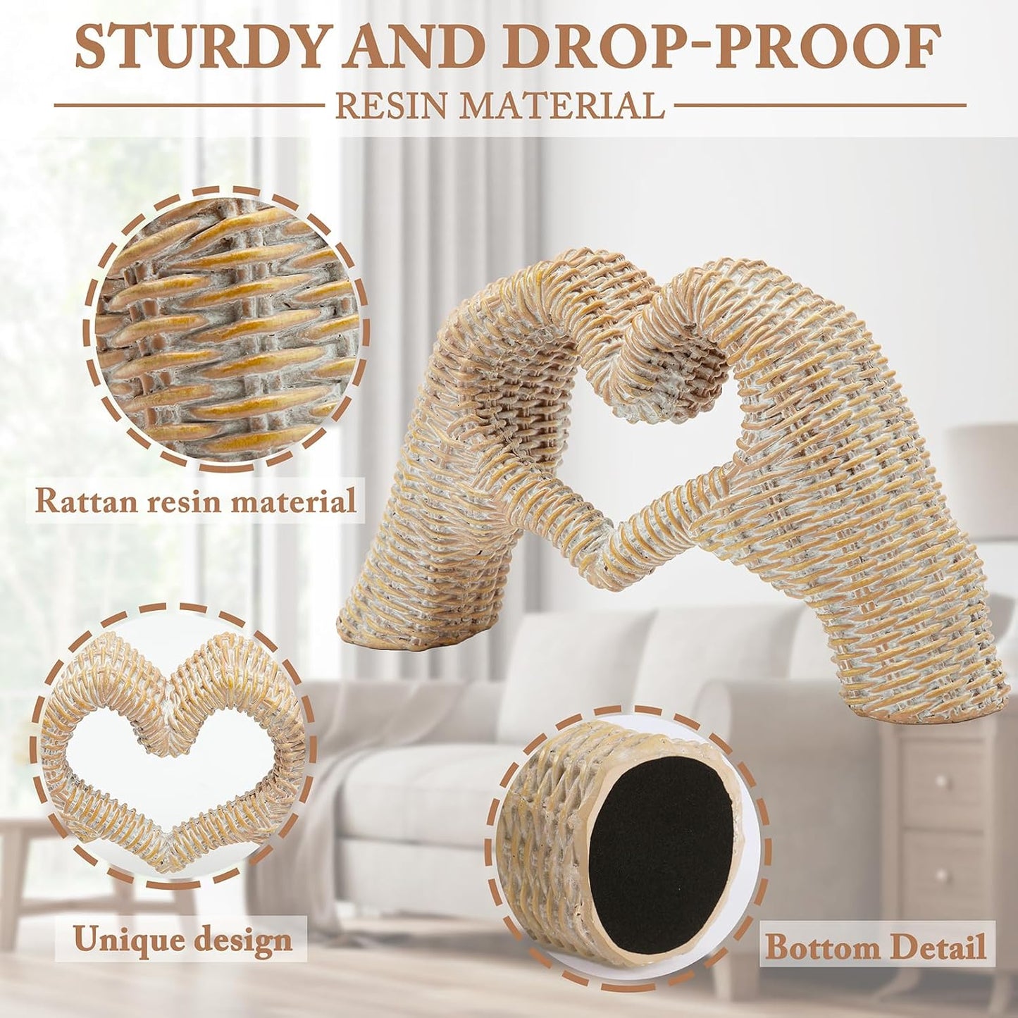 Heart Hands Sculpture, Gold Room Decor for Living Room Bedroom Bookshelf, Gifts for Mom Mother' s Day, Father's Day (No Bracelets) Rattan