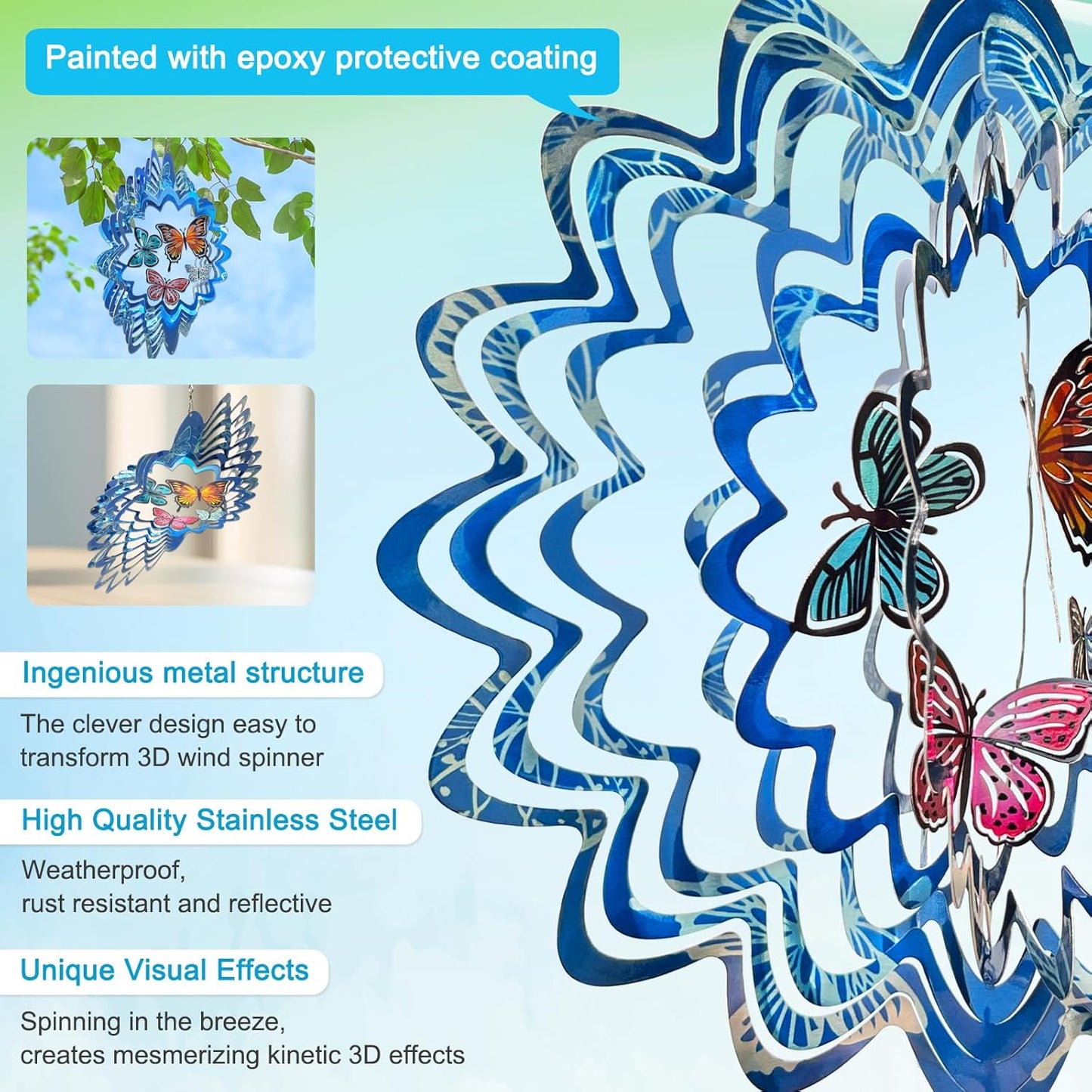 Goolyrusim Wind Spinner Outdoor, Butterfly Wind Spinner, 12in Laser Cut Stainless Steel Hanging Wind Sculptures, Garden Decoration Yard Decor, Butterfly Gifts for Women Mom Wife Girl Sister Grandma