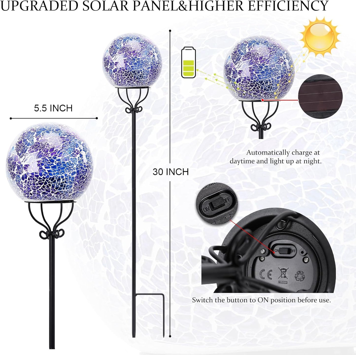 VCUTEKA Solar Outdoor Lights Garden Decor Mosaic Solar Garden Lights Waterproof Glass Ball LED Pathway Stake Light for Landscape Lawn Patio Yard Decoration 6 inch, Blue