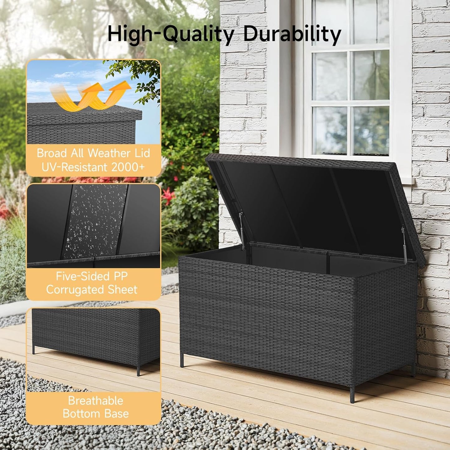 158 Gallon XL Deck Box with Lid, All Weather Wicker Outdoor Storage Box Waterproof, Large Outdoor Patio Storage Bin for Cushions, Garden Tools, Gears, Pool Accessories, Black