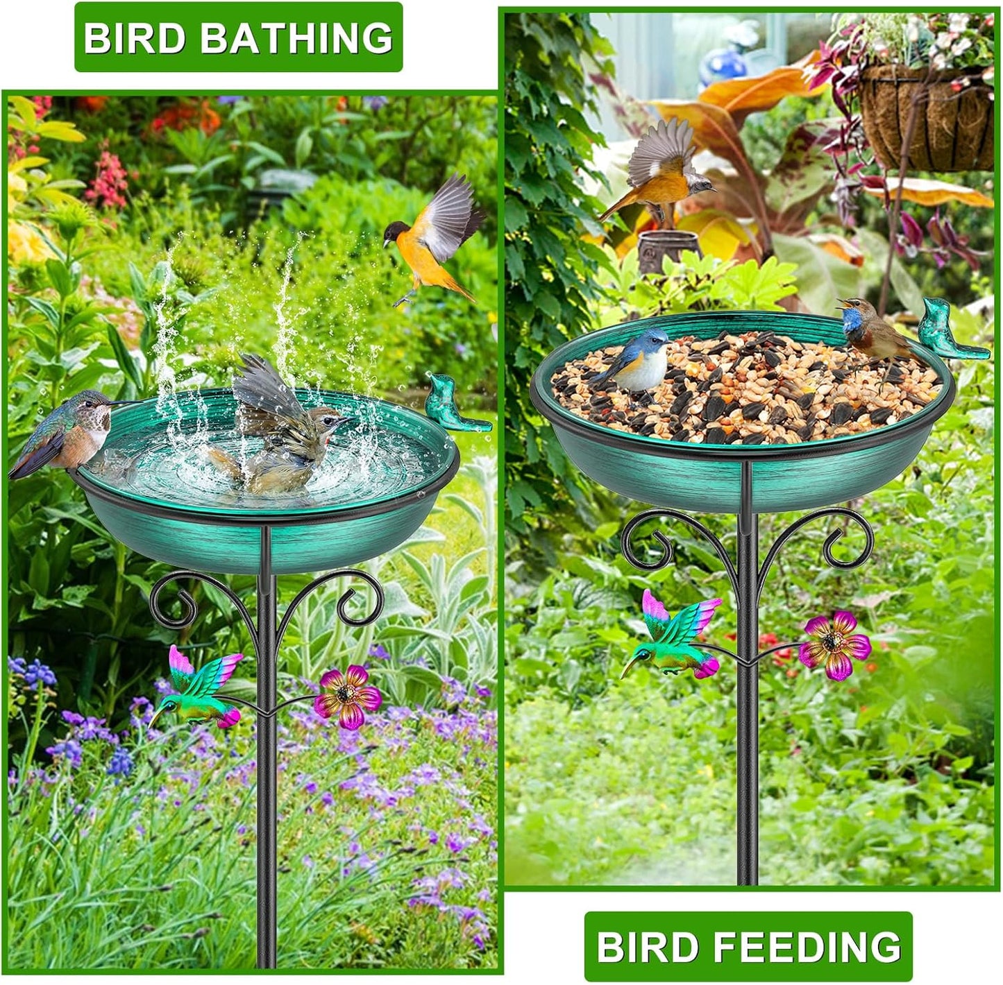 38.6in Bird Baths for Outdoors, Detachable Birdbaths for The Garden Clearance, Freestanding Bird Baths for Outdoors, Bird Bath Bowl Spa & Birdfeeder with Metal Stake Stand (Retro Green)