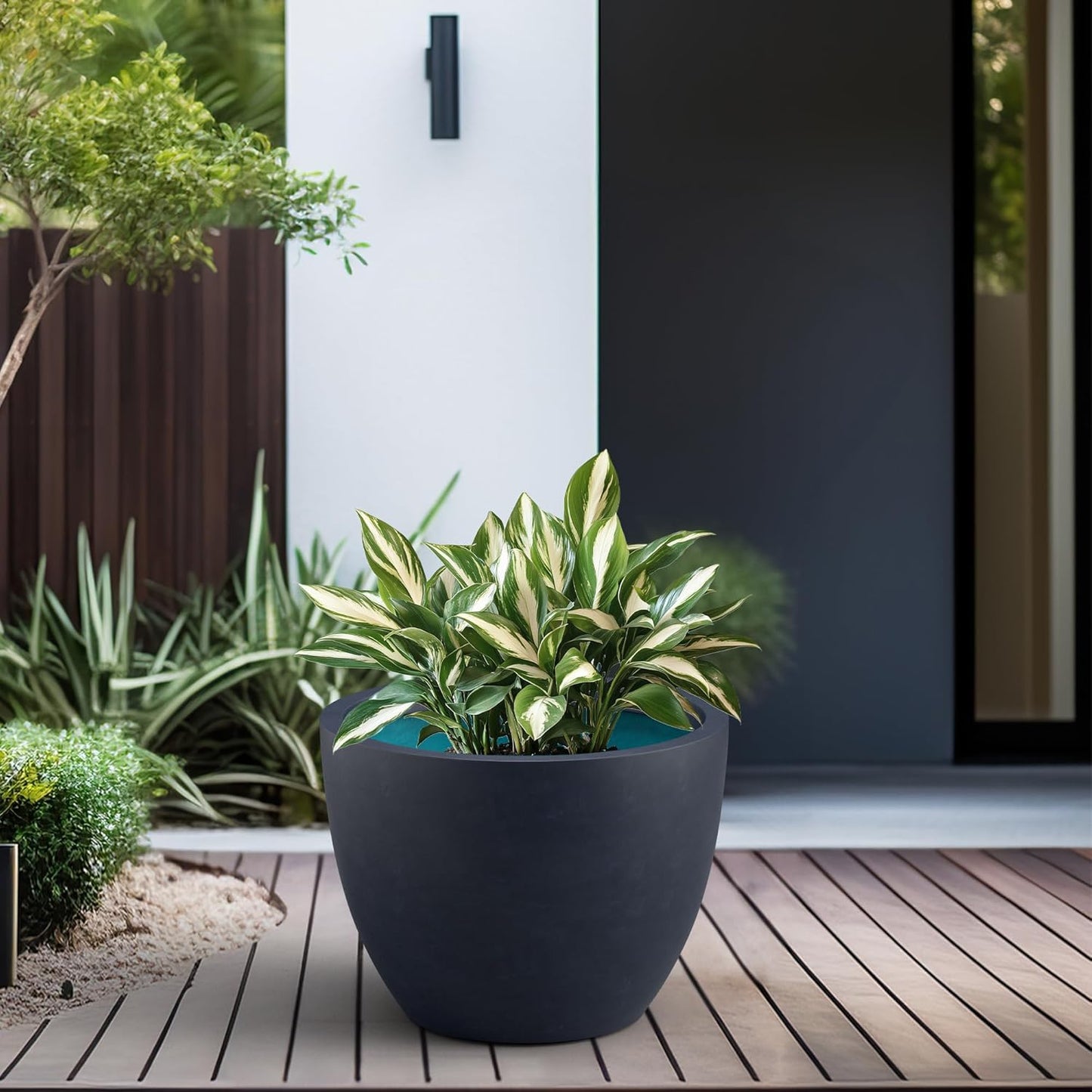 Kante 17.3 Inch Round Concrete Planter - Classic Large Indoor/Outdoor Plant Pot with Drainage Hole and Rubber Plug, Suitable for Gardens and Patios, Charcoal Finish with Forest Green Interior