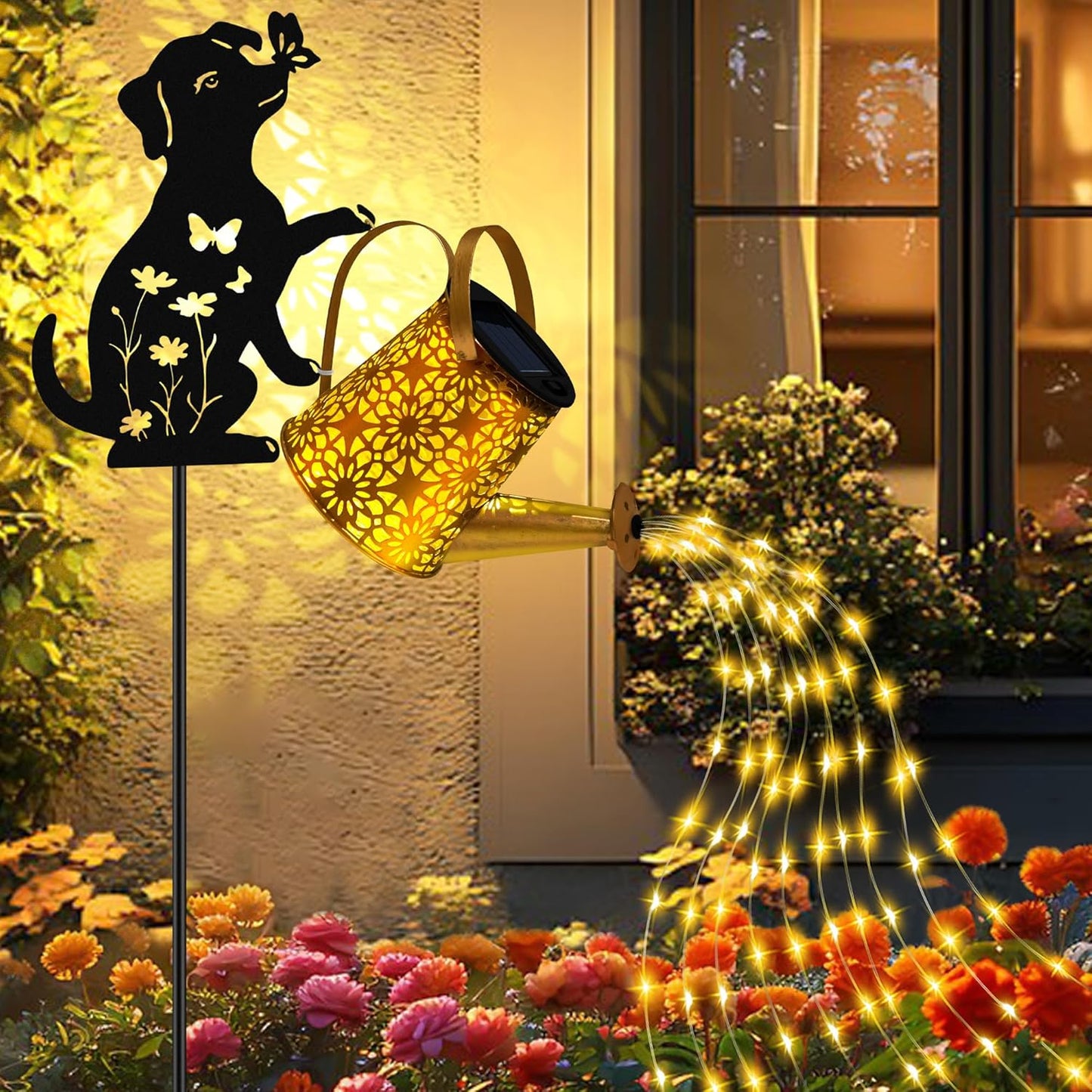 Solar Lights Outdoor Decorative, Watering Can with Cascading Lights, with Dog Silhouette Garden Stakes, Waterproof Metal Garden Decor for Yard Art, Outside, Patio, Lawn Ornaments(1 Pack)