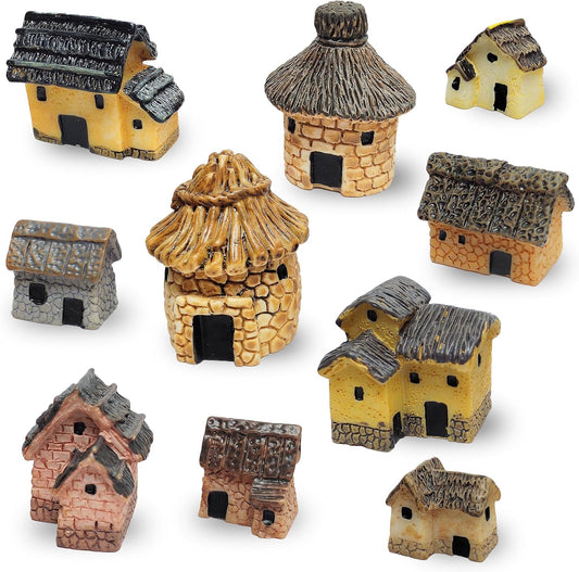 10PCS Mini House Miniature Resin House Figurines Small Village Cottage Fairy Garden Accessories Outdoor Micro Landscape Decor Mini Garden Lawn Terrariums Plant Pots Ornament