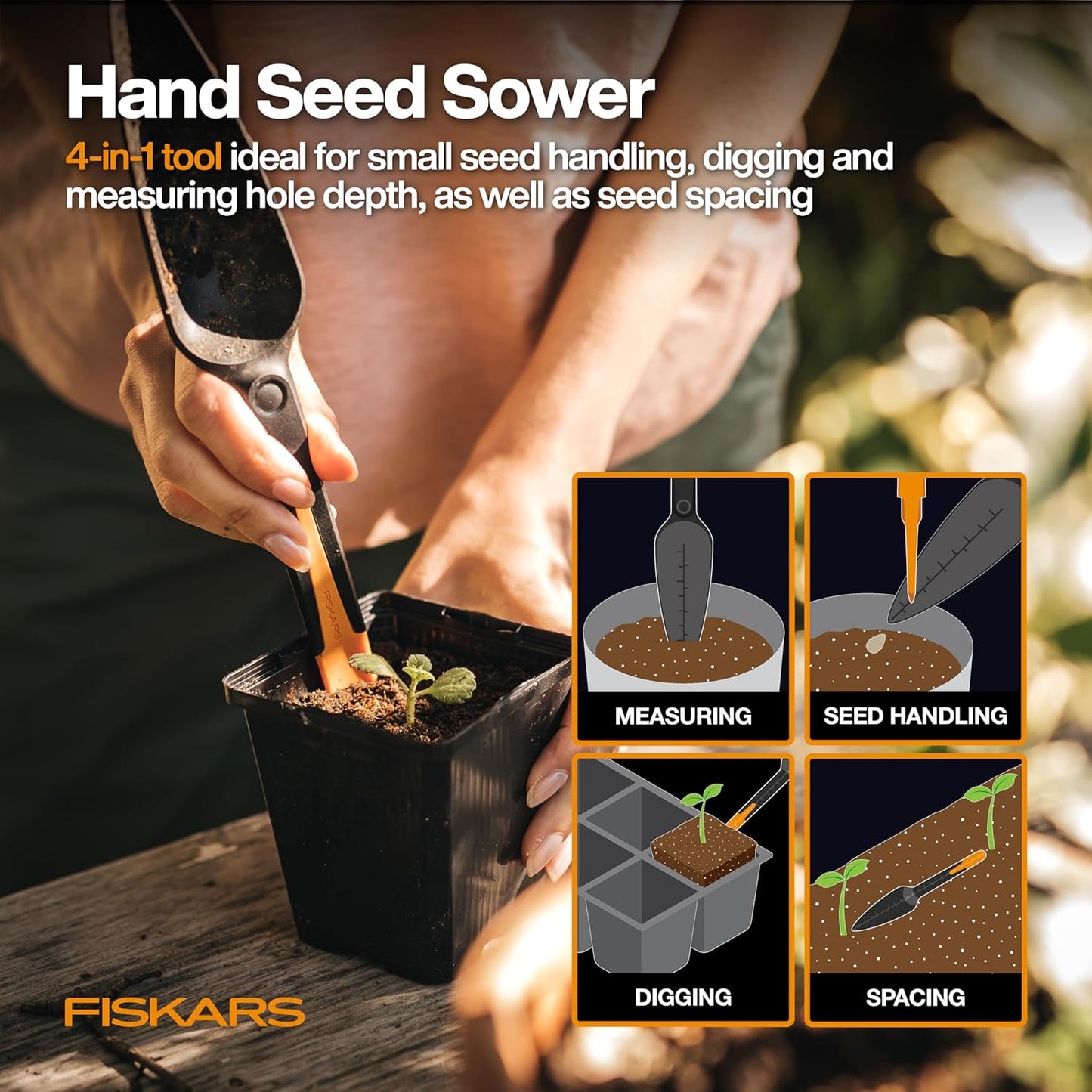 Fiskars Vegetable Garden Tool Set with Vegetable Shears, Seed Sower, Trowel, Cultivator, Weeder, and L/XL Garden Gloves for Indoor or Outdoor Gardening (6 Piece Kit)