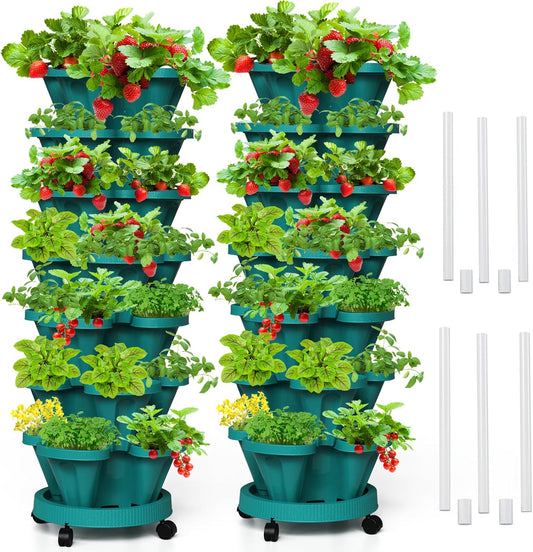 Strawberry Vertical Planters Tower Garden 2 Pack, 7 Tiered Stacking Herb Vegetable Planter with Support Pole Indoor and Outdoor - Hunter Green