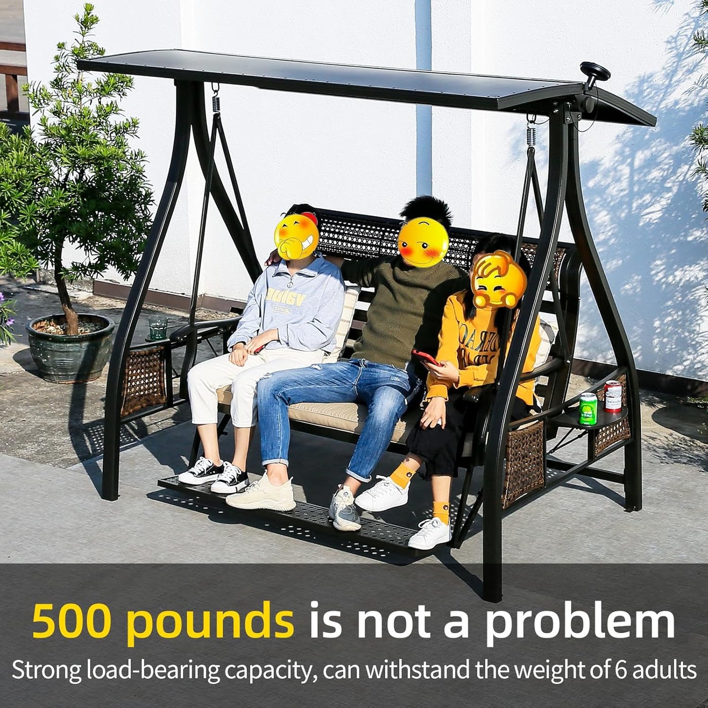 2/3-Seat Outdoor Patio Porch Swing with Adjustable Aluminum Alloy Canopy Solar Patio Swing Chair Bench with Footrest Side Cup Holder for Backyard Lawn (AEBS Black - 3 Seat)