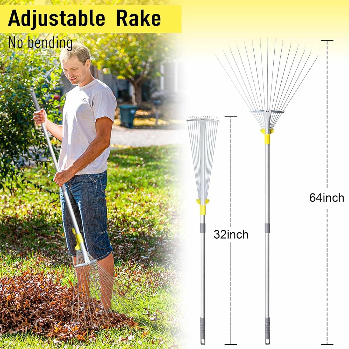 JARDINEER Adjustable Rakes for Leaves, Larger Garden Leaf Rake for Lawns Grass with 7-23" Expandable Head, Yard Collapsible Rake for Camping (64 inches)