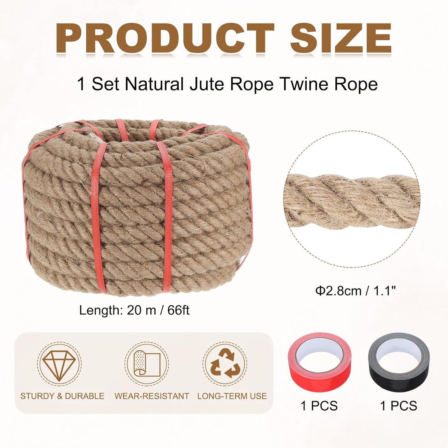 MECCANIXITY Jute Rope 1.1 Inch x 66ft, Thick Twine Rope Ropes Braided Jute Twine Natural Brown Burlap Cord String Heavy Twisted with Tapes for Decorative Crafts Railing Swing Tug of War