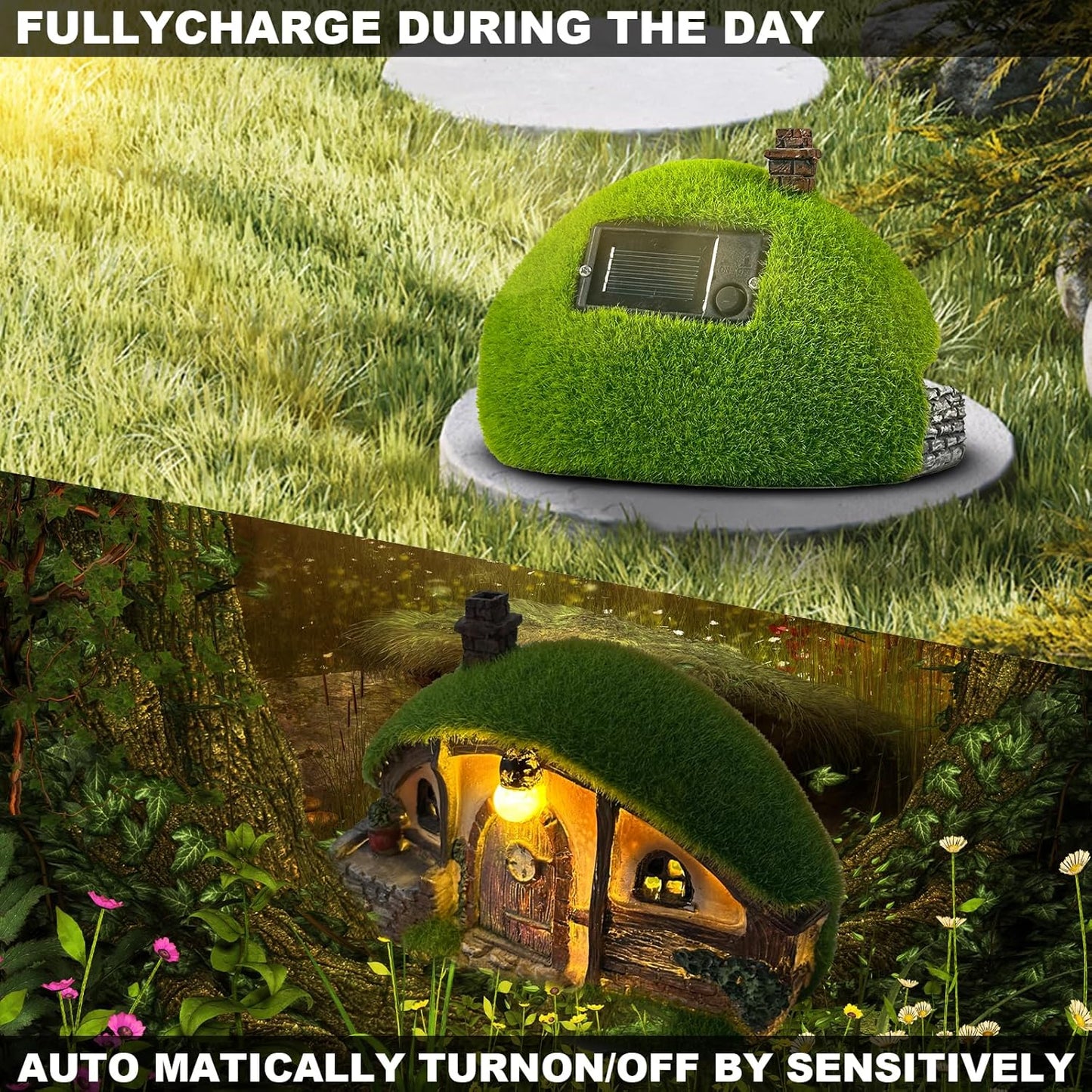 Garden Statue and Fairy House with Solar Lights – Resin Outdoor Figurine Lights, Cottage Yard Decor for Porch & Lawn