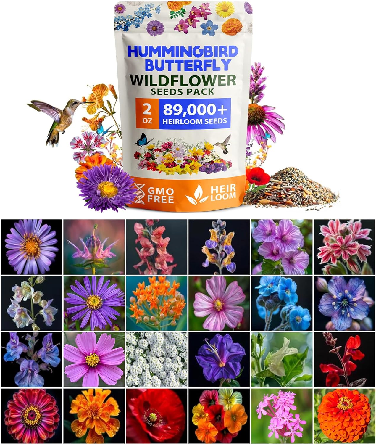 HOME GROWN Premium Wildflower Seeds 89,000+ Count - 23 Non-GMO USA Native Varieties for Bees, Butterflies & Birds - Perennial Wildflower Seed Mix Bulk 2oz - for Full Sun & Shade Gardens