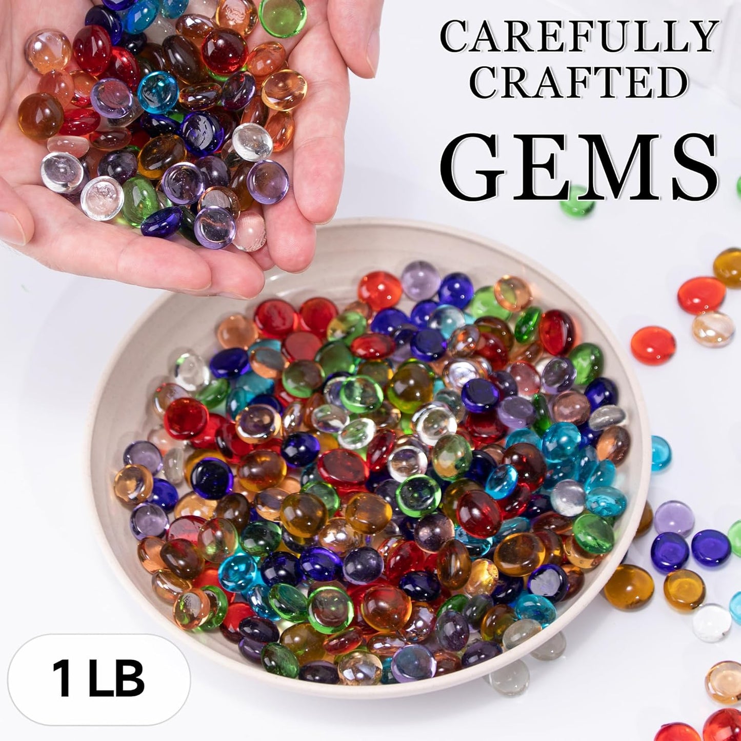1LB Mini Glass Gems,Mixed Colour Mancala Stones Flat Bottom Marble Beads for Home Decorative Art Craft Vase Filler(0.5"~0.7")