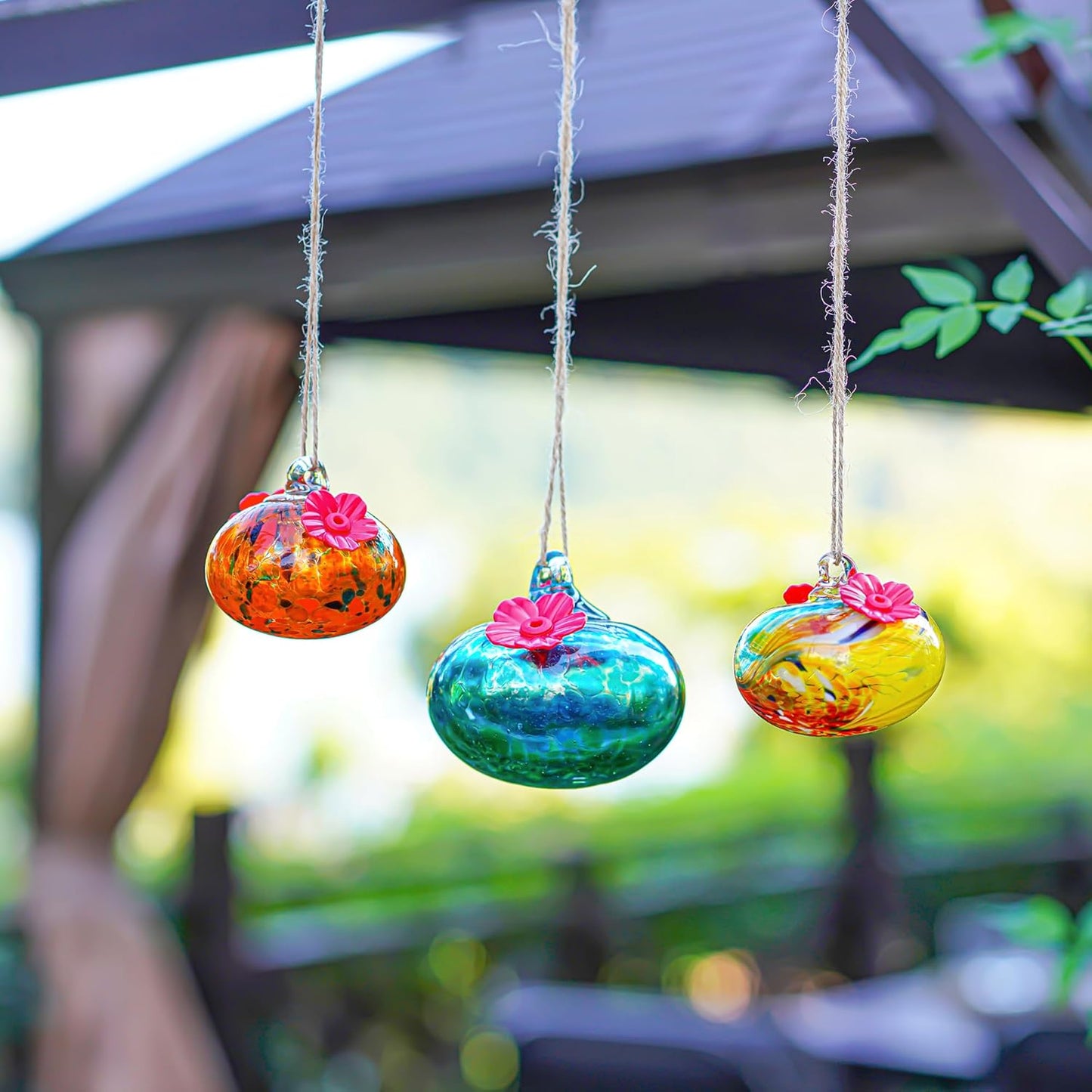Set 3 Small Blown Glass Hummingbird Feeders for Outdoors Hanging with 2 Flower Feeding Ports Glass Humming Bird Feeders Garden Decor for Outside