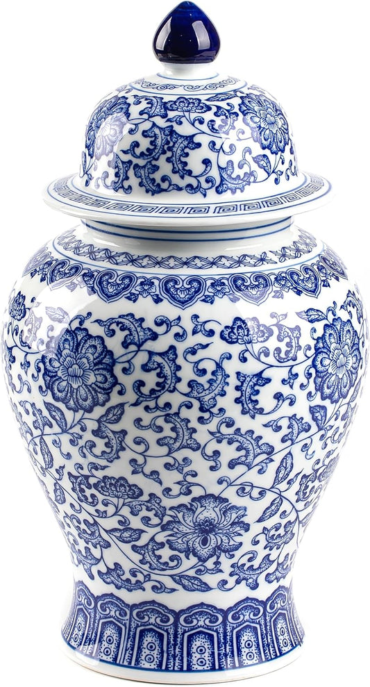 Blue and White Ginger Jar, Ceramic Chinoiserie Decorative Jars for Home, Office, Flower Vase Pocelain, Glossy Vase for Table, Living Room, Bookshelf, Mantle Fireplace, Centerpieces,15" H