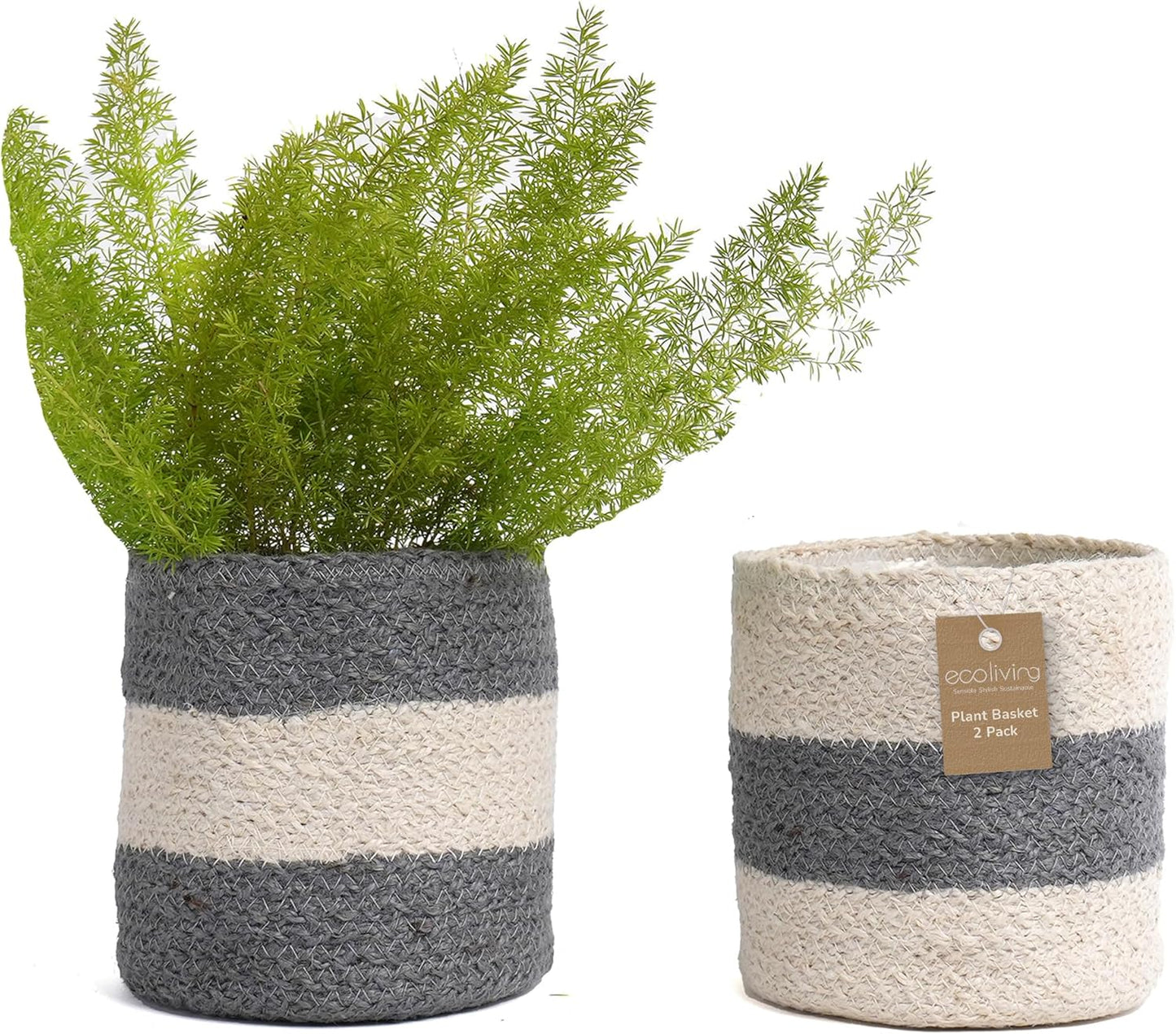 Jute Planter Basket-Woven Jute Rope Covers for Decorating Indoor/Outdoor Succulents, Small Plant Pots-Set of 2-Multi-Purpose Storage Bins 6.5 Inches - Modern Style Décor - Gray & White