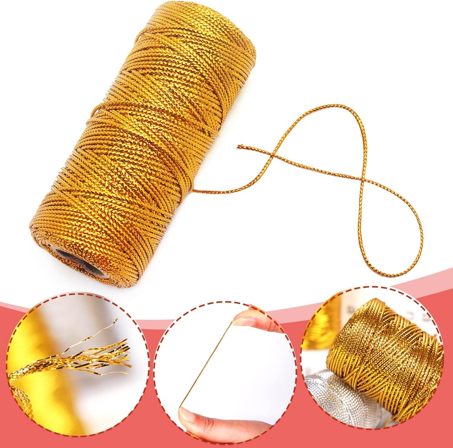 Anvin Metallic Bakers Twine - 328 Yards, Pack of 3 (Gold, Silver, Rose Gold) for Arts & Crafts, DIY Tags & Ornaments