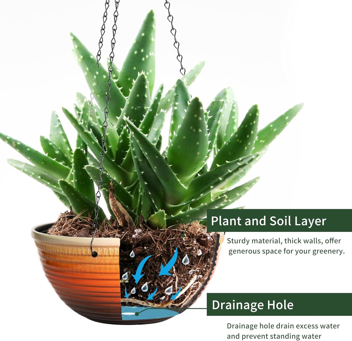 12 inch Hanging Planters for Indoor Outdoor Plants, 2 Pack Large Hanging Flower Pots with Drainage Holes and Chain, Glazed Hanging Baskets for Home Garden Decoration, Orange