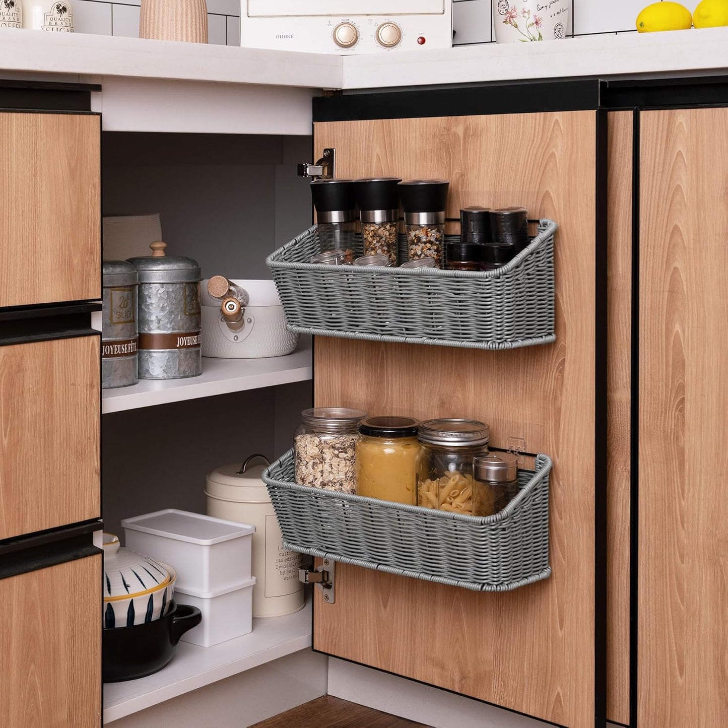 GRANNY SAYS Wicker Hanging Basket, 2 Pack Storage Baskets for Cabinet, Wall Mount Fruit Basket for Kitchen, Adhesive Bathroom Cabinet Organizer, Pantry Organizers and Storage, Gray