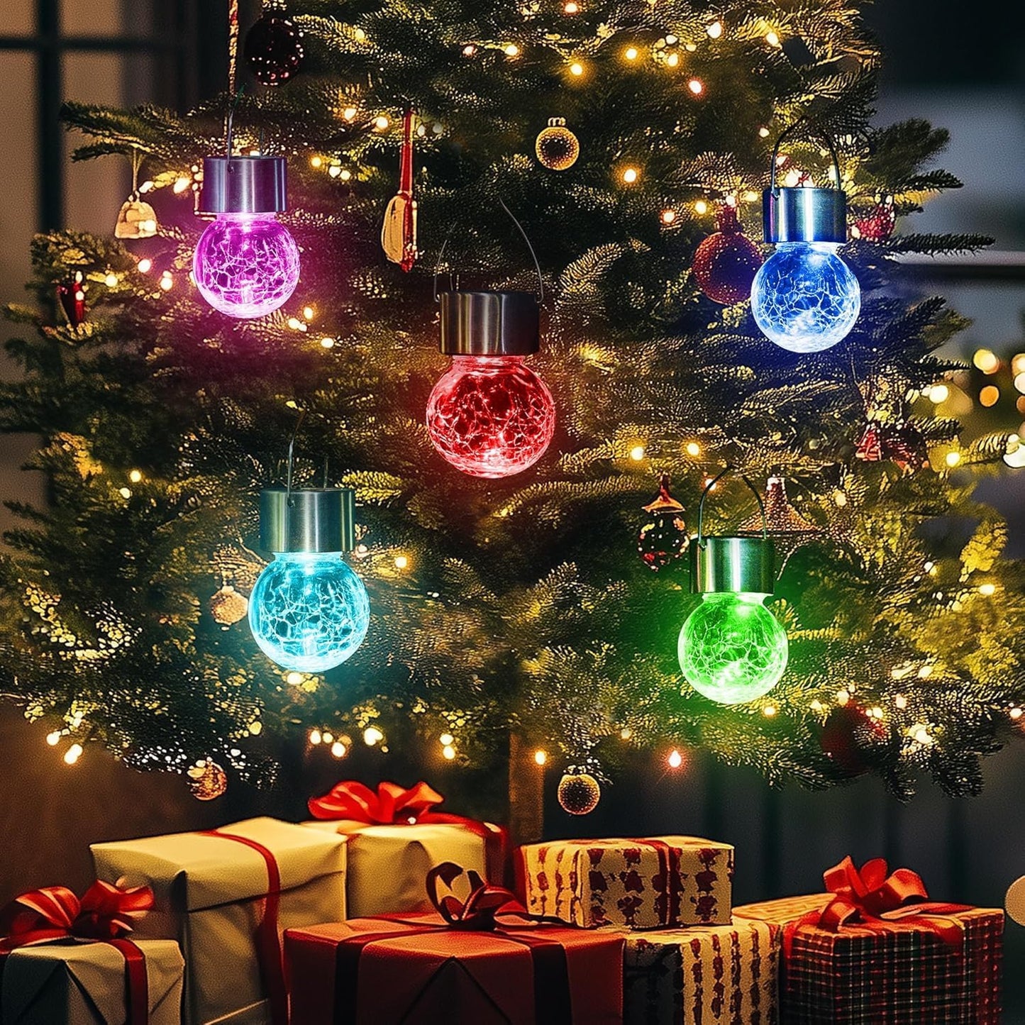 8 Pack Solar Lanterns, Christmas Decoration Lights with Multi-Color Changing Cracked Glass Hanging Ball Solar Outdoor Lights Waterproof Hanging Light for Garden, Yard, Patio, Lawn