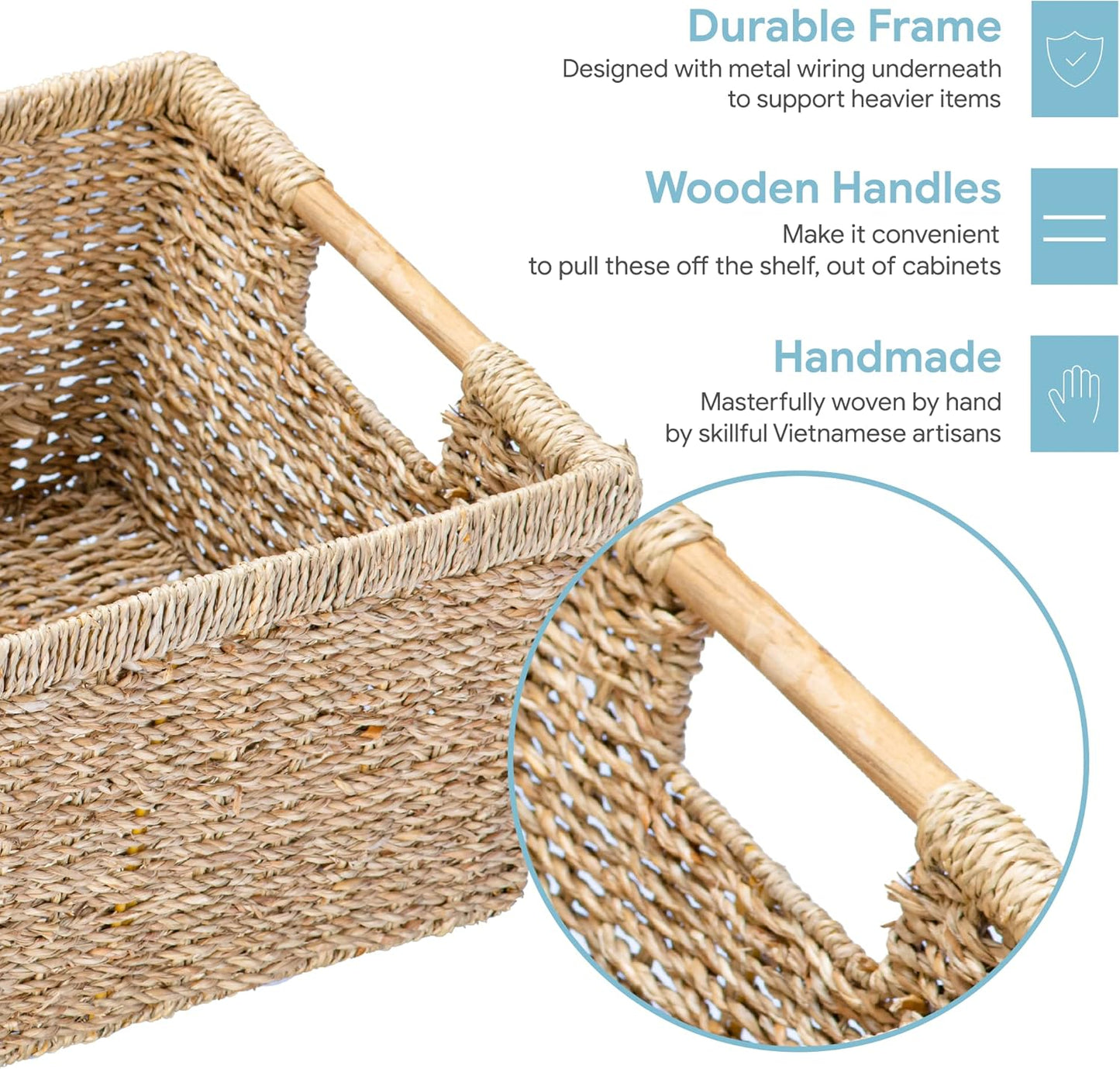 Large Wicker Basket Rectangular with Wooden Handles for Shelves, Seagrass Basket Storage, Natural Baskets for Organizing, Wicker Baskets for Storage - 3 Pack Large