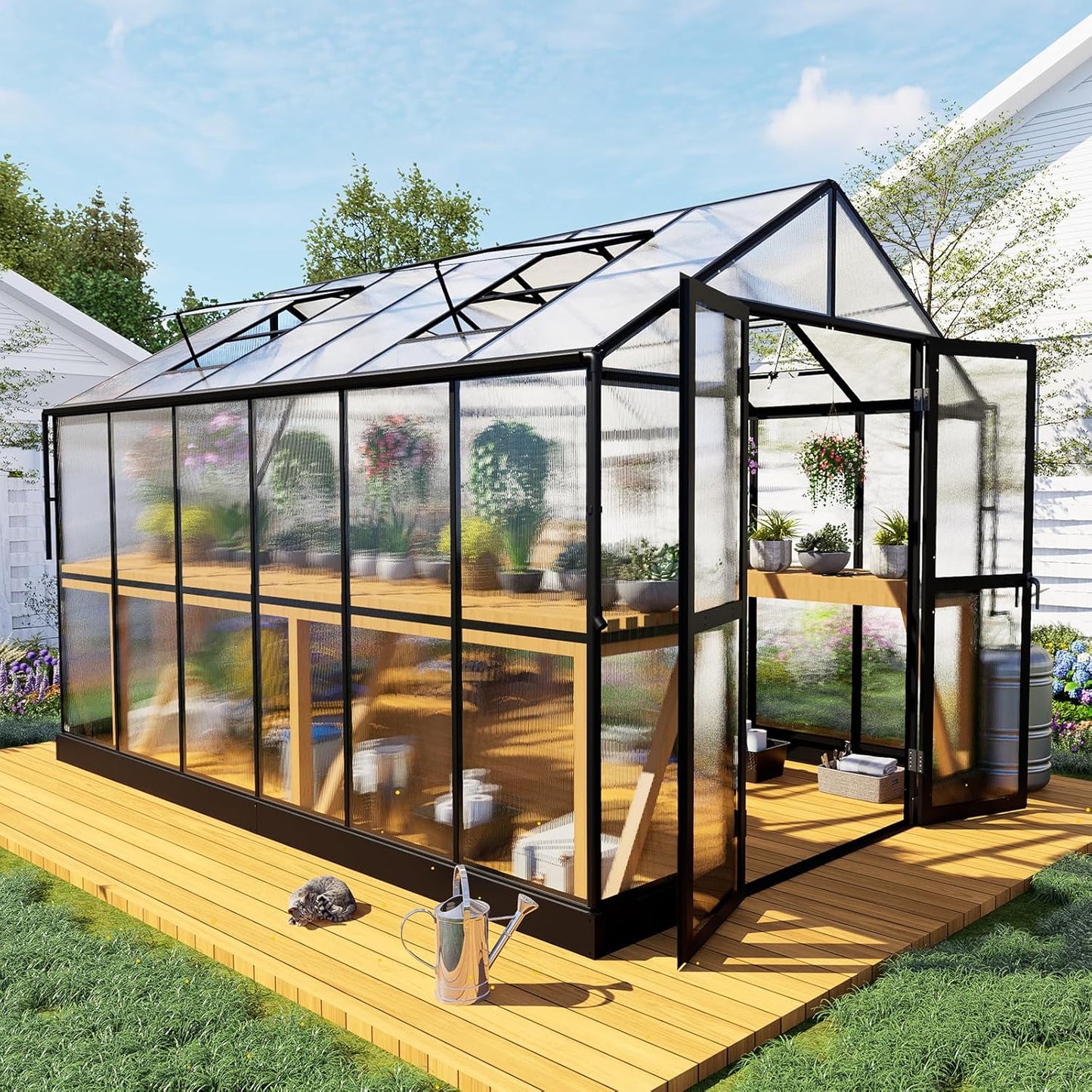 HOWE 8x12x7.5 FT Polycarbonate Greenhouse Double Swing Doors 4 Vents 5.2FT Added Wall Height, Walk-in Large Aluminum Greenhouse Sunroom Winter Greenhouse for Outdoors, Black